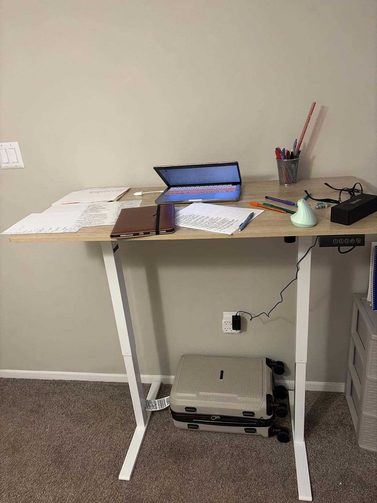 Cubiker Standing Desk, 48x24 Inches Sit Stand Home Office Desk, Electric Stand up Desk, Adjustable Desk with Splice Board, White Frame/Maple Top customer photo 2