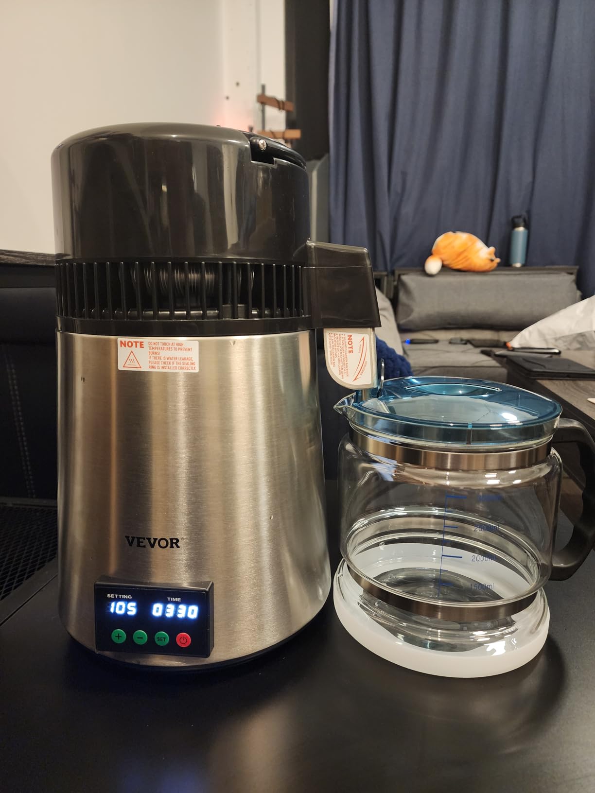 VEVOR 1.1 Gal Water Distiller, 0.3 Gal/H, Distilled Water Maker Machine 750W 0-99H Timing Set Temp Display, 304 Stainless Steel Countertop Distiller Glass Carafe Cleaning Powder 3 Carbon Packs, Silver customer photo 1
