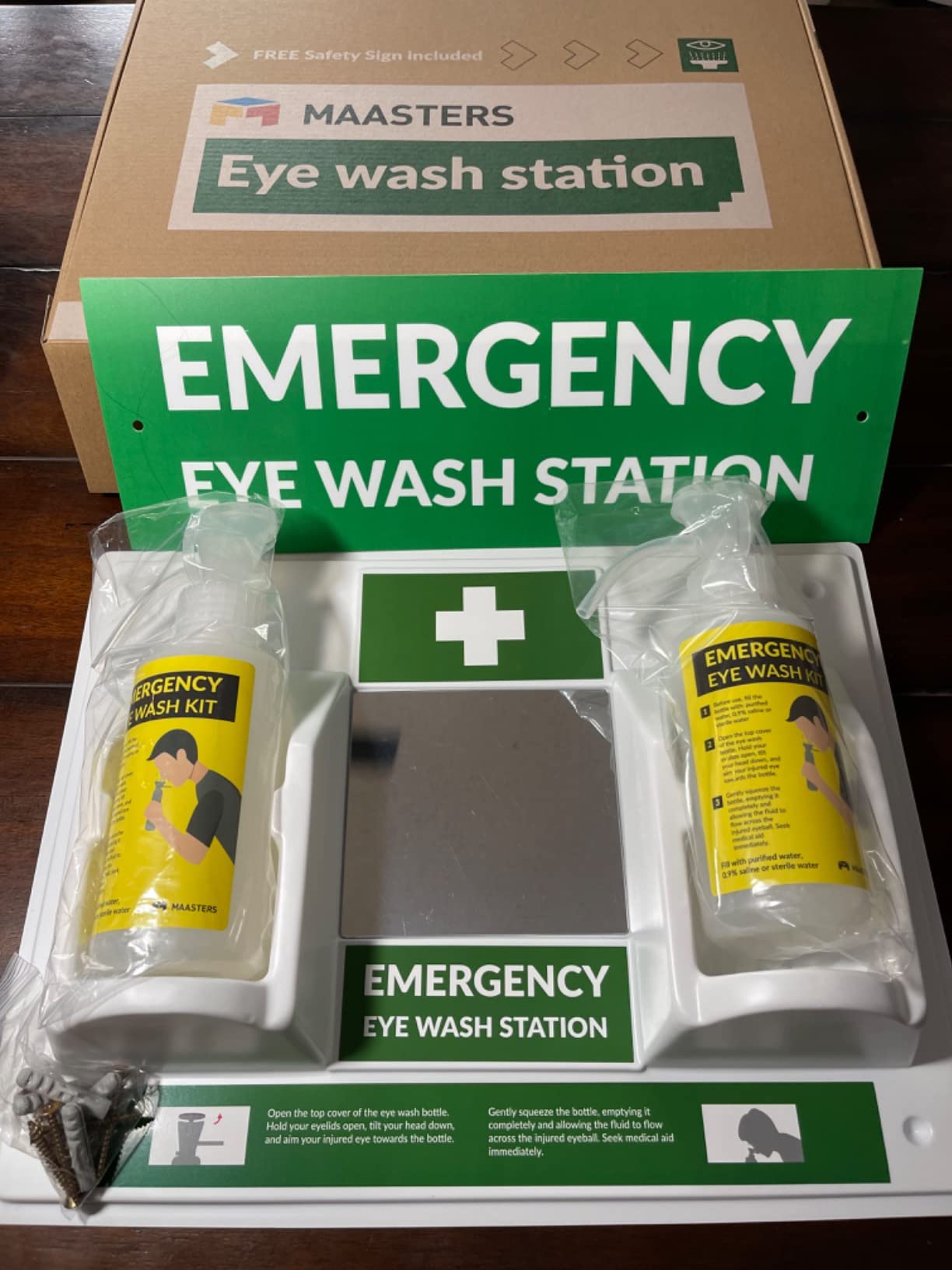 MAASTERS BPA Free Wall-Mounted Eye Wash Station with Sign - Set of 1 | OSHA, 2 empty bottles, mirror, emergency kit customer photo 1