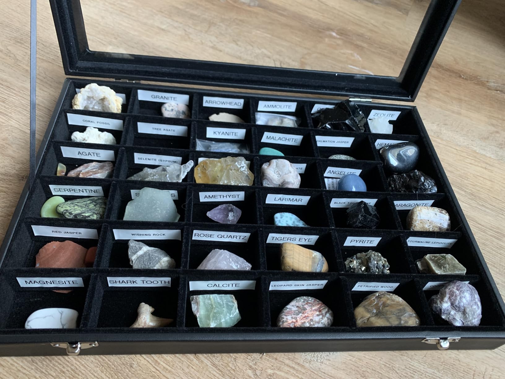 Rock Collection Display Case, 36 Grid Storage Organizer for Collectibles | PU leather rock storage case with transparent lid, adjustable compartments, includes gem handbook, magnifying glass & gloves customer photo 2