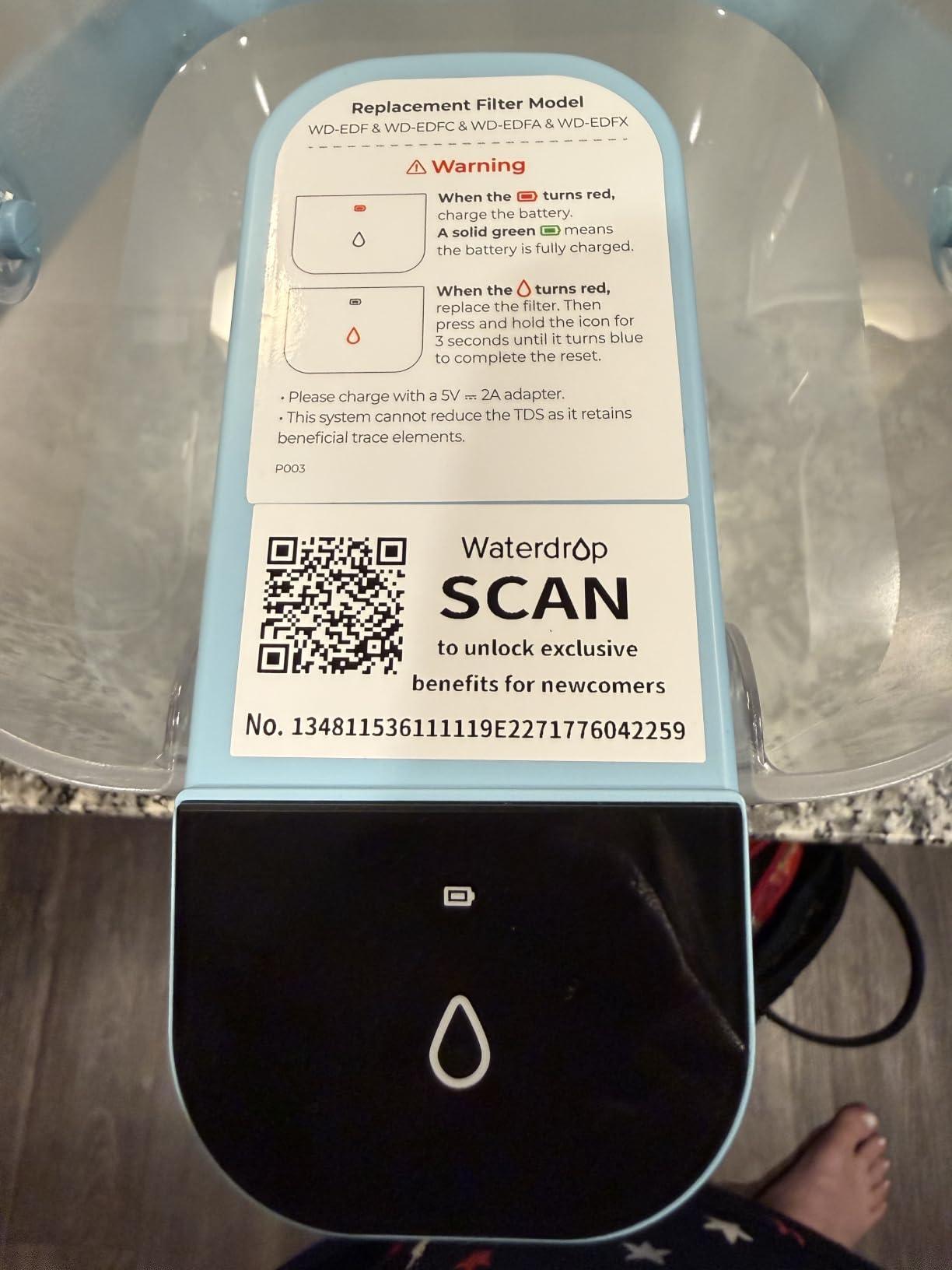 Waterdrop ED01W Electric Water Filter Pitcher, NSF/ANSI 42&53&401&372, White | 200-Gallon Long-Life, Reduce 99.6% of Lead and 45+ Impurities, 15-Cup, Rechargeable Instant Dispenser, Does not Lower TDS customer photo 1