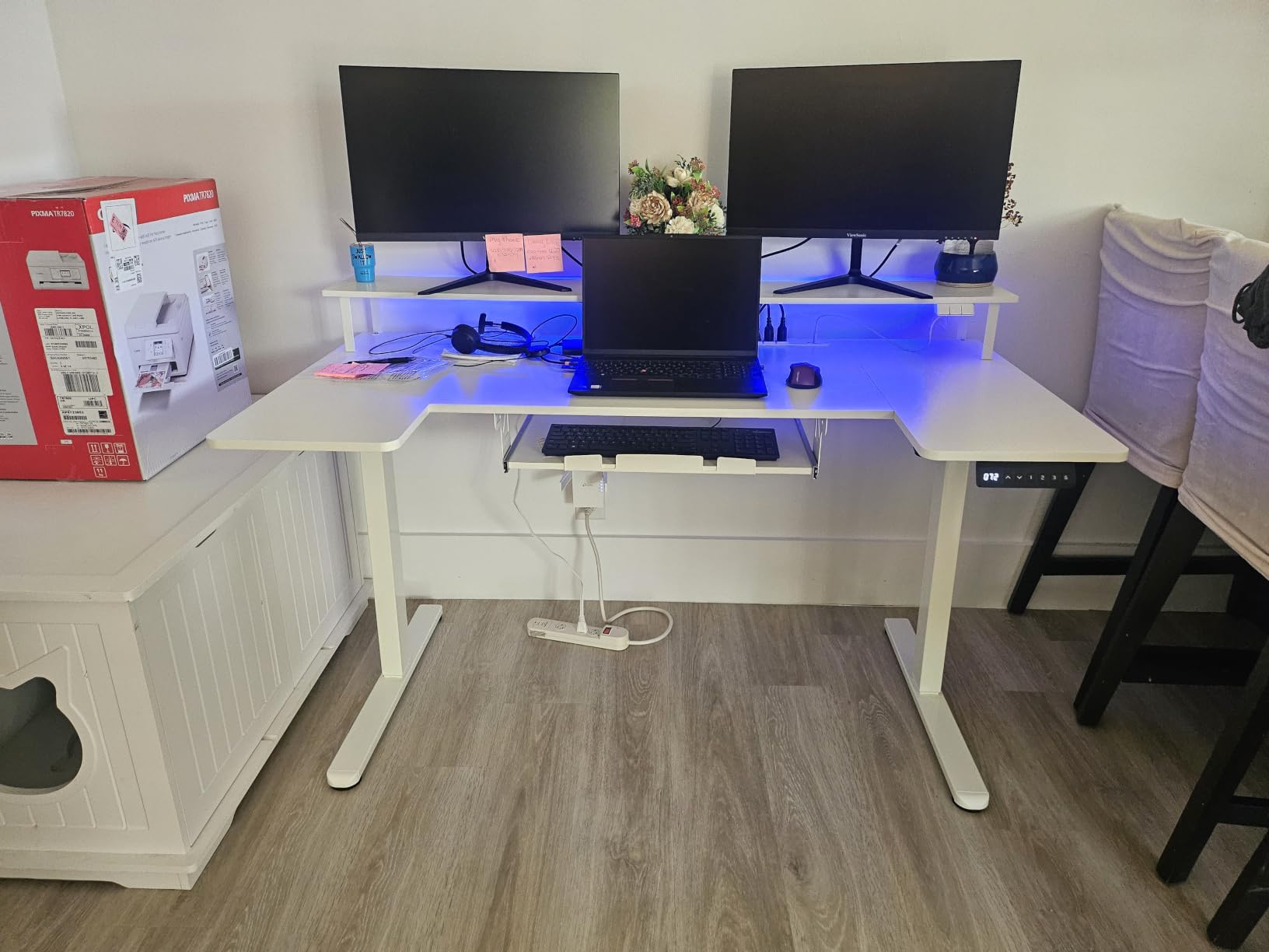 OffiGo 55 Inch U Shaped Electric Standing Desk with Keyboard Tray, White | Power Outlet, Dual-Monitor Stand, LED Light, 3 Presets, 28.3