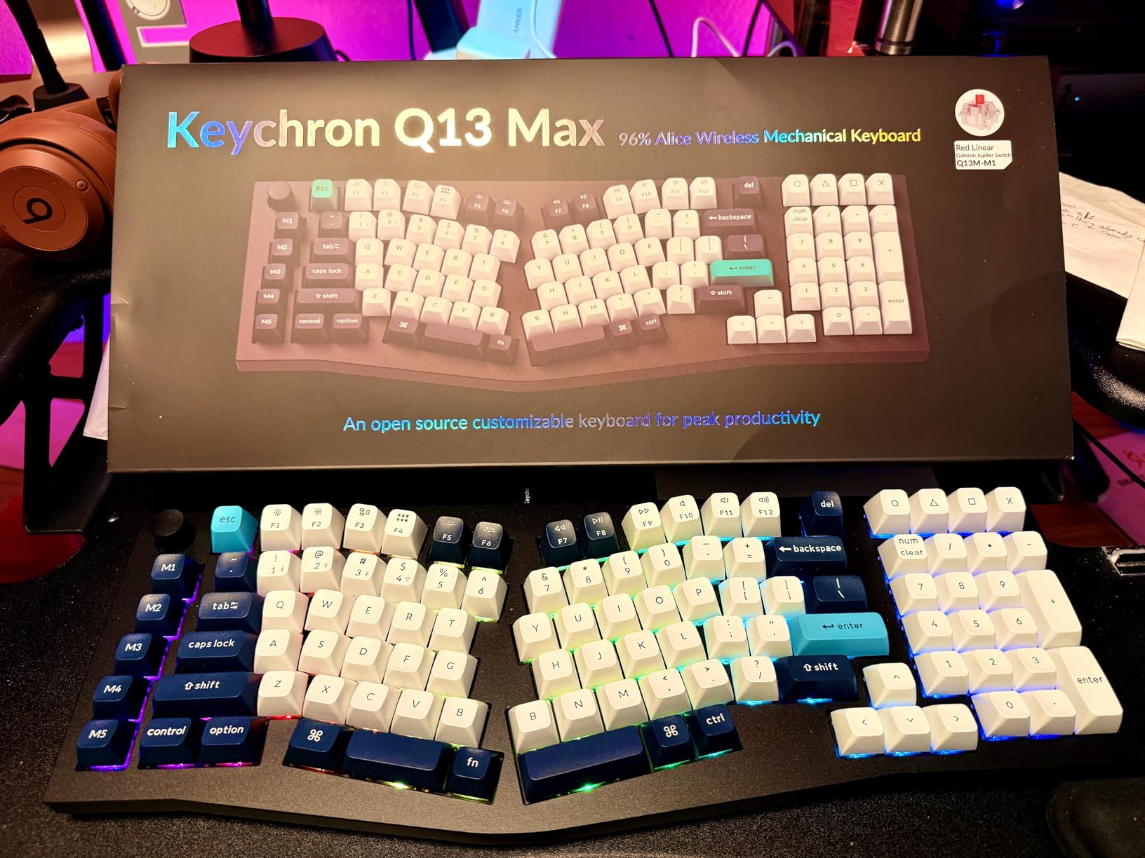 Keychron Q13 Max Alice QMK Wireless Custom Ergonomic Mechanical Keyboard | BT5.2/2.4GHz/USB-C, Hot Swappable Red Switch, PBT Keycap, RGB Backlight, Knob, Mac&Windows Compatible, Ergonomic Design customer photo 2