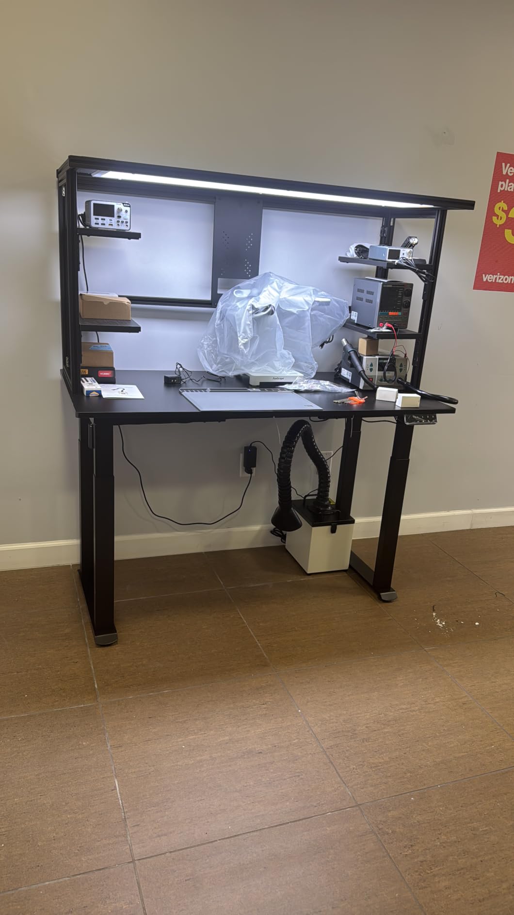 TBK801 Electric Height Adjustable Workbench with Shelf for Phone Repair | Steel Workbench Professional Electronics Workstation with Overhead Lighting, Multi-Level Storage Shelves & Monitor Mount customer photo 1