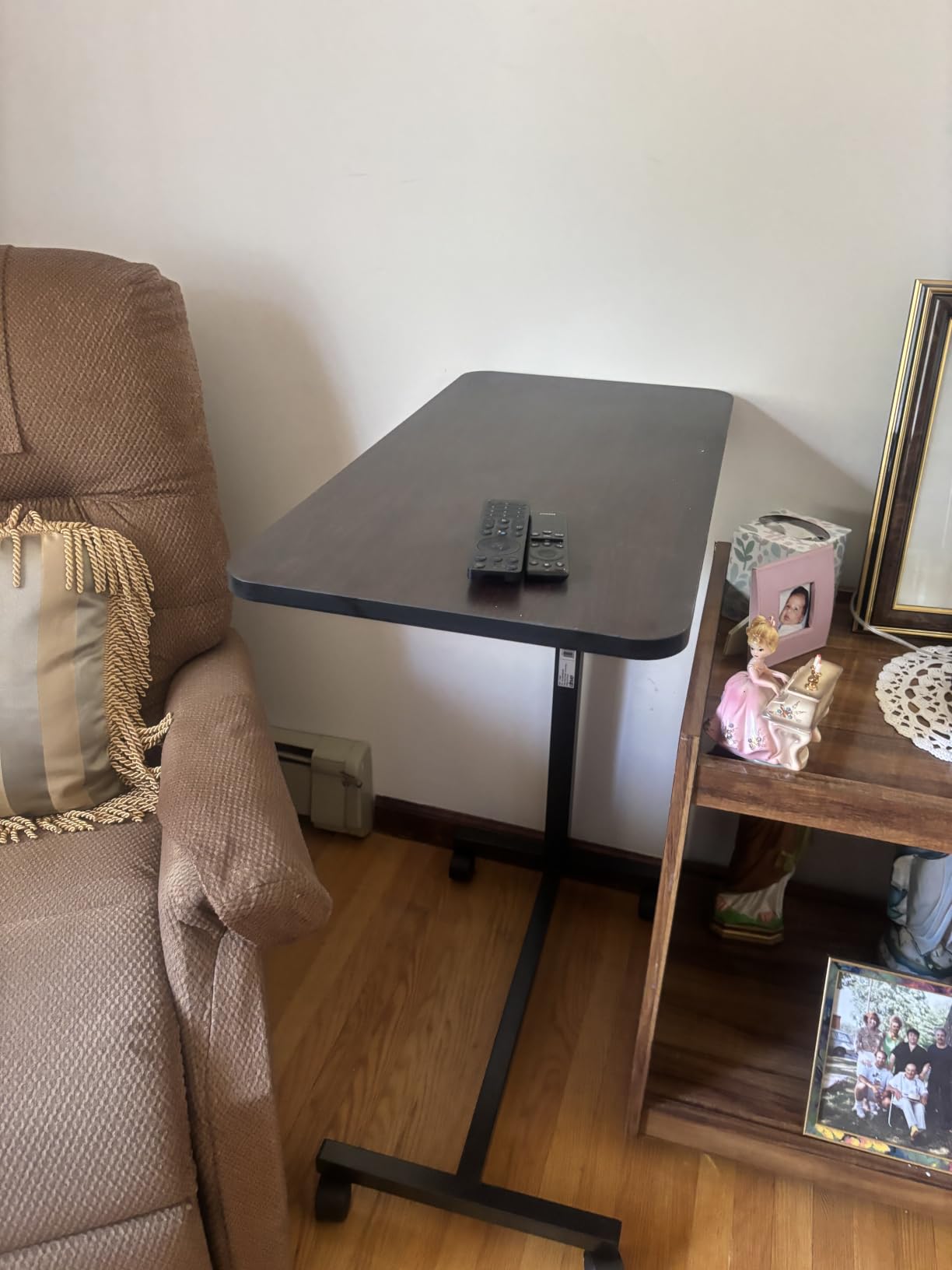 Drive Medical Overbed Table with Wheels, Woodgrain Top, Silver Vein | Overbed Table with Wheels Offers Secure Height Adjustment and Smooth Rolling Design for Everyday Comfort customer photo 1