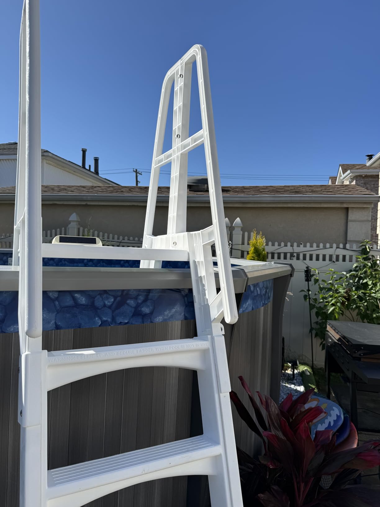 Vinyl Works SLA A-Frame 48 to 56 Inch Adjustable Above Ground Swimming Pool Ladder Entry System with Slide Lock Barrier and Handrails, White customer photo 2