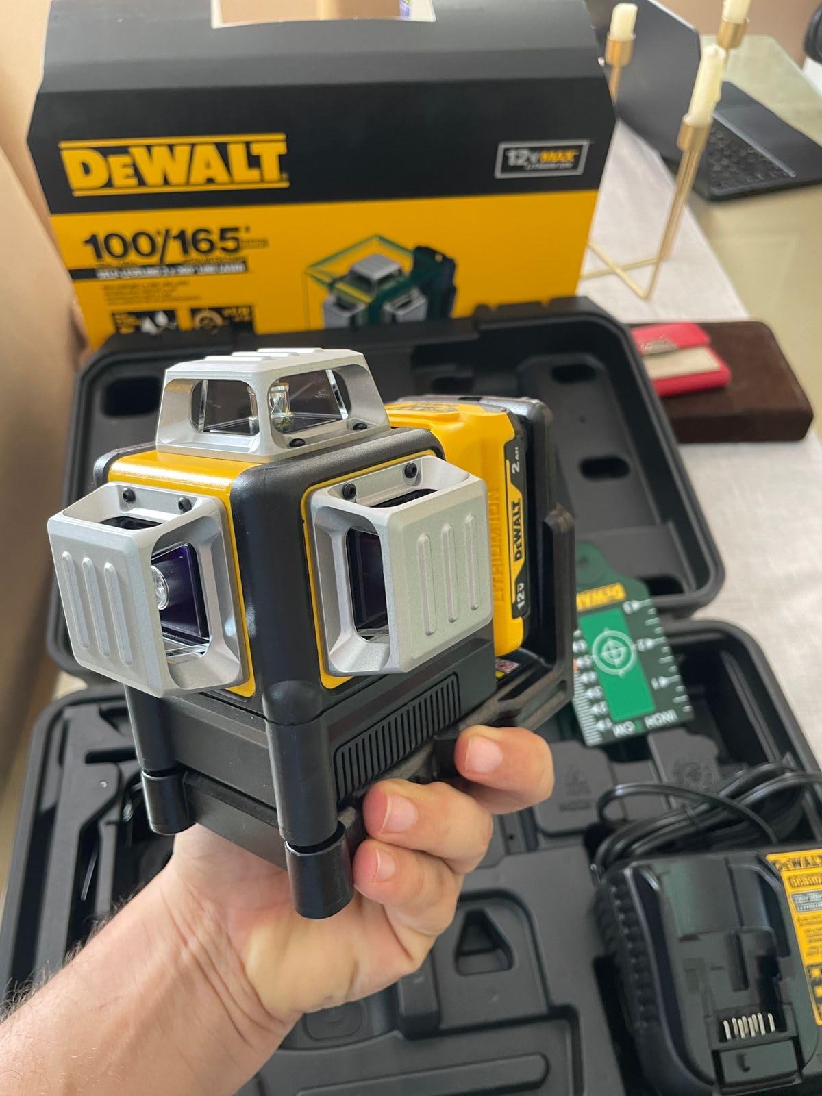 DEWALT Laser Level 360 Self Leveling, 3 Way Green Laser Leveler Tool 12V MAX with 2.0Ah Battery, Charger and Durable Carrying Case, 100 Ft, Tripod Compatible (DW089LG) customer photo 1