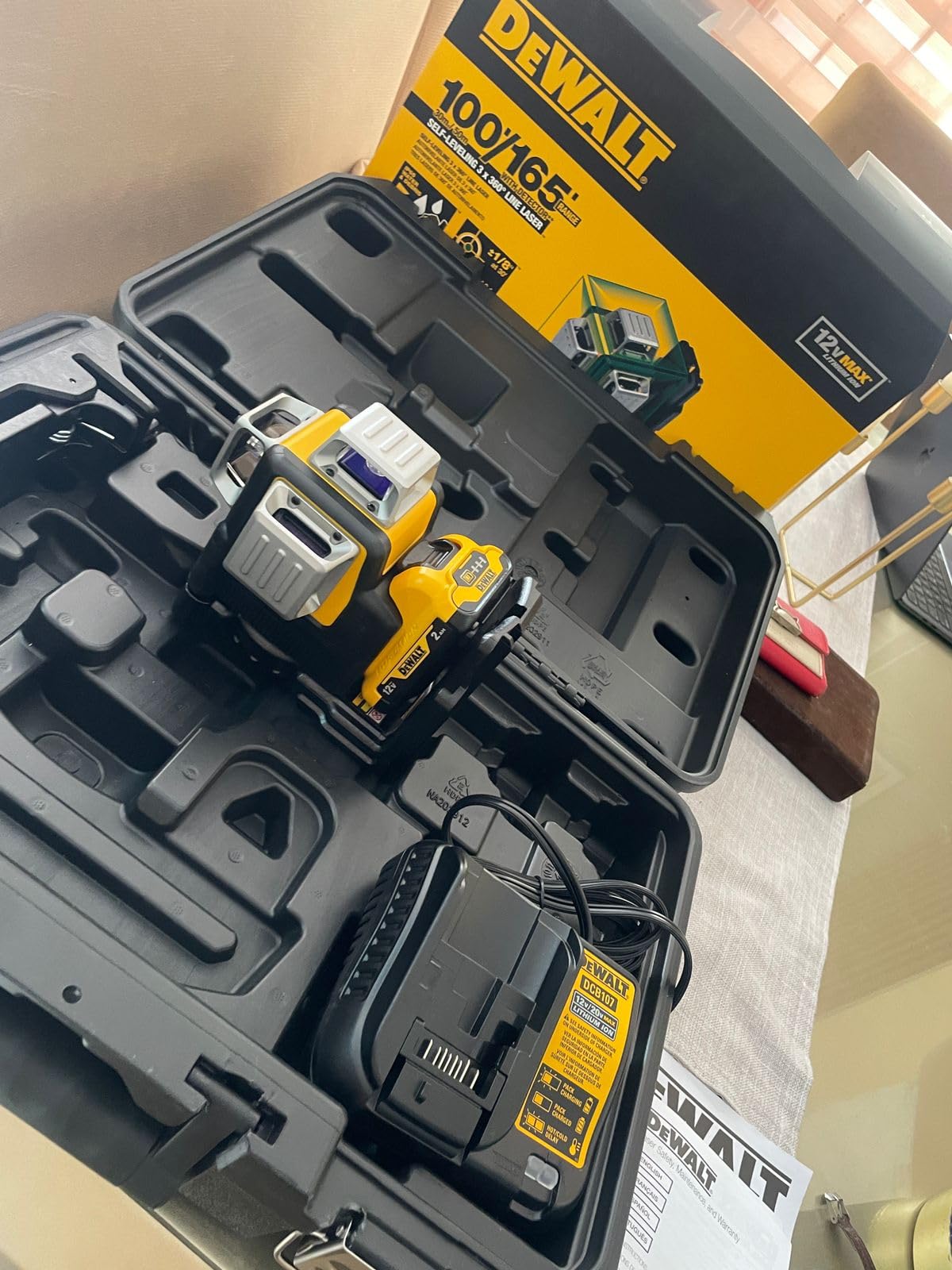 DEWALT Laser Level 360 Self Leveling, 3 Way Green Laser Leveler Tool 12V MAX with 2.0Ah Battery, Charger and Durable Carrying Case, 100 Ft, Tripod Compatible (DW089LG) customer photo 2
