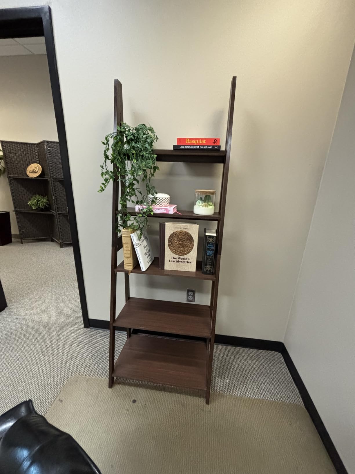 Amazon Basics 5-Tier Ladder Bookshelf Storage Organizer, Solid Rubberwood Frame, Space-Saving Bookcase, Sturdy Shelves, Walnut Finish, 14