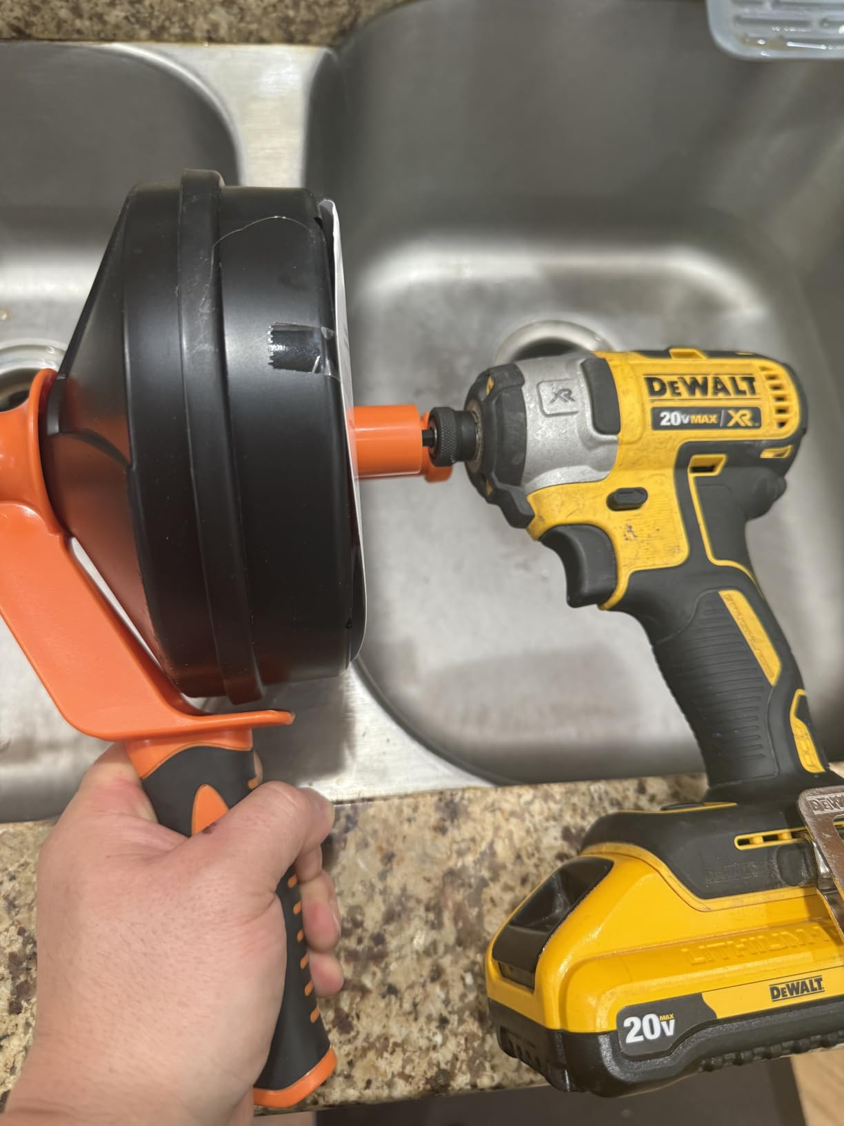 Drain Auger, Clog Remover with Drill Adapter, 25 Feet Flexible Plumbing Snake Use Manually or Powered for Kitchen, Bathroom and Shower Sink, Comes with Gloves (orange) customer photo 2