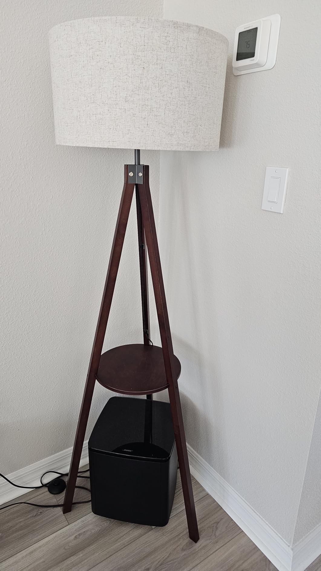 LEPOWER Shelf Floor Lamp Tripod Mid Century Modern Lamps for Living Room | Light-Diffusing Linen Shade, Premium Rubberwood, E26 Base, Foot Switch, Adding Warmth to Bedroom, Office & Study Corner Brown customer photo 2