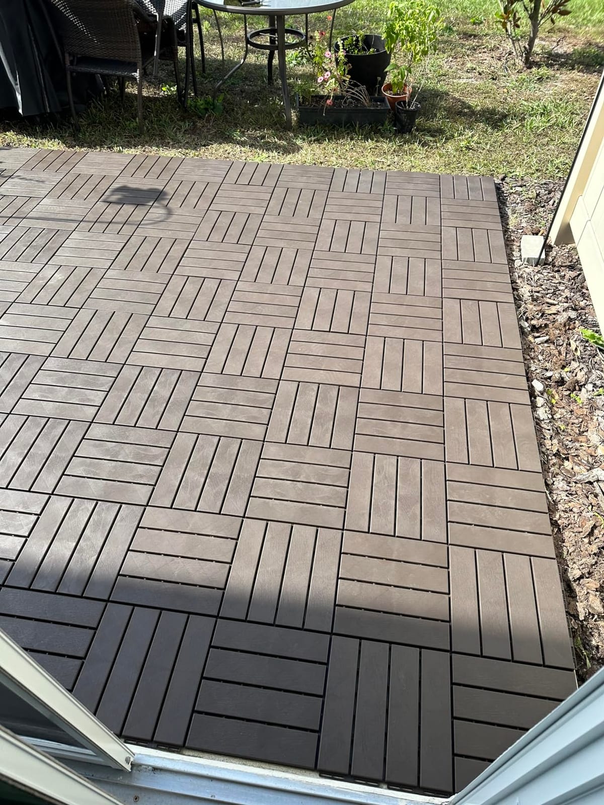 domi outdoor living Patio Deck Tiles, 12 x 12 inches Composite Interlocking Decking Tile, Four Slat Plastic Outdoor Flooring, 27 Pieces One Pack, Dark Brown customer photo 1