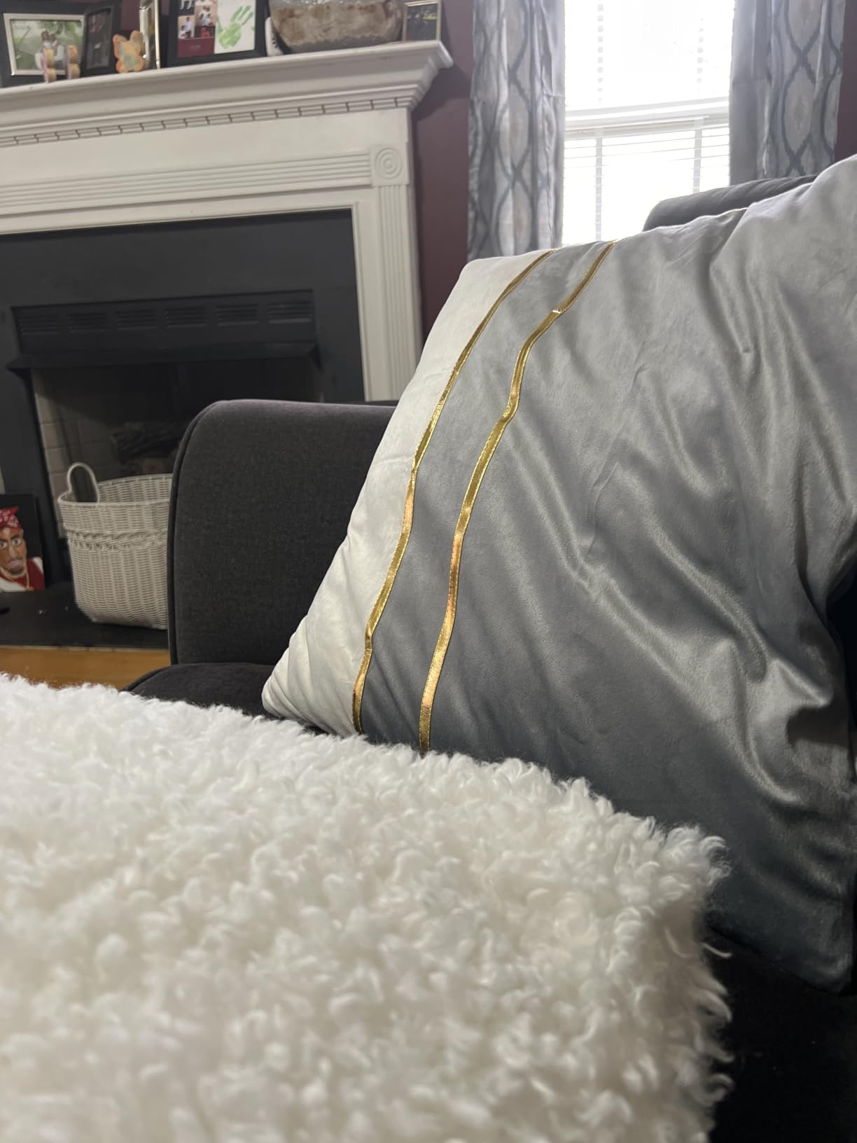WACOMECO Velvet Throw Pillow Covers - Pack of 2 Soft Decorative Cushion Covers Cases with Gold Leather for Sofa Bedroom Livingroom Car, 18 x 18 in, Grey and White customer photo 1