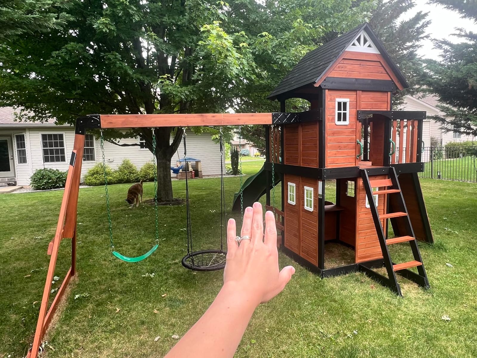 Backyard Discovery Canyon Creek Cedar Wood Swing Set with Wave Slide, Clubhouse, Play Kitchen, Picnic Area, Belt Swings, Web Swing, Rock Wall, Balconies, Playhouse, Step Ladder, Outdoor Playset customer photo 2