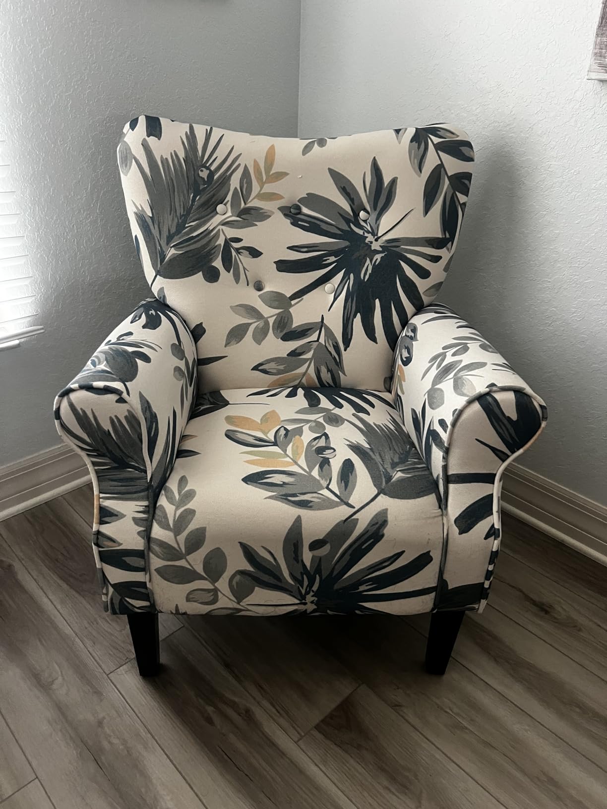YOLENY Modern Accent Chair, High Back Armchair, Upholstered Fabric Button Single Sofa with Wooden Legs for Living Room, Bedroom, Blue Leaves customer photo 1