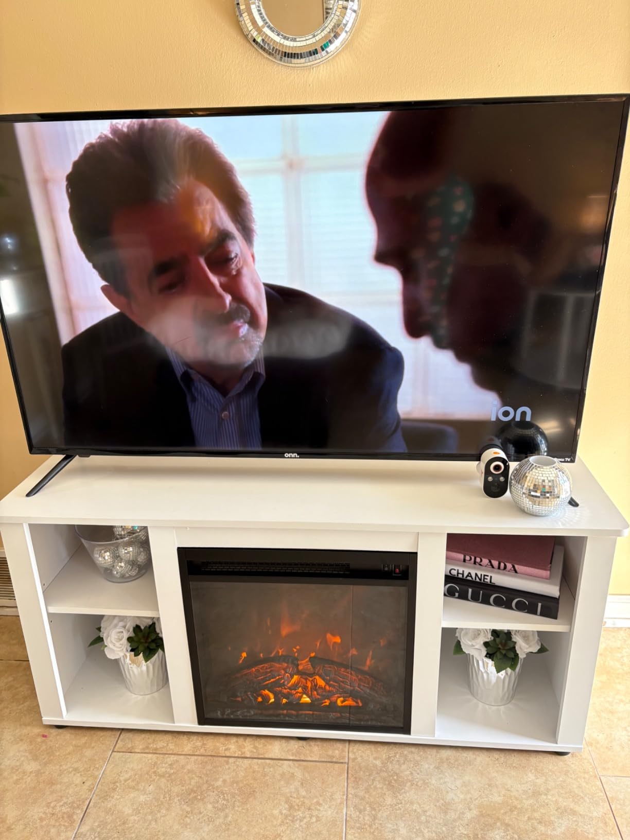 Furinno Jensen Fireplace Entertainment Center TV Stand with Open Storage for TV up to 55 Inch, French Oak Grey customer photo 2