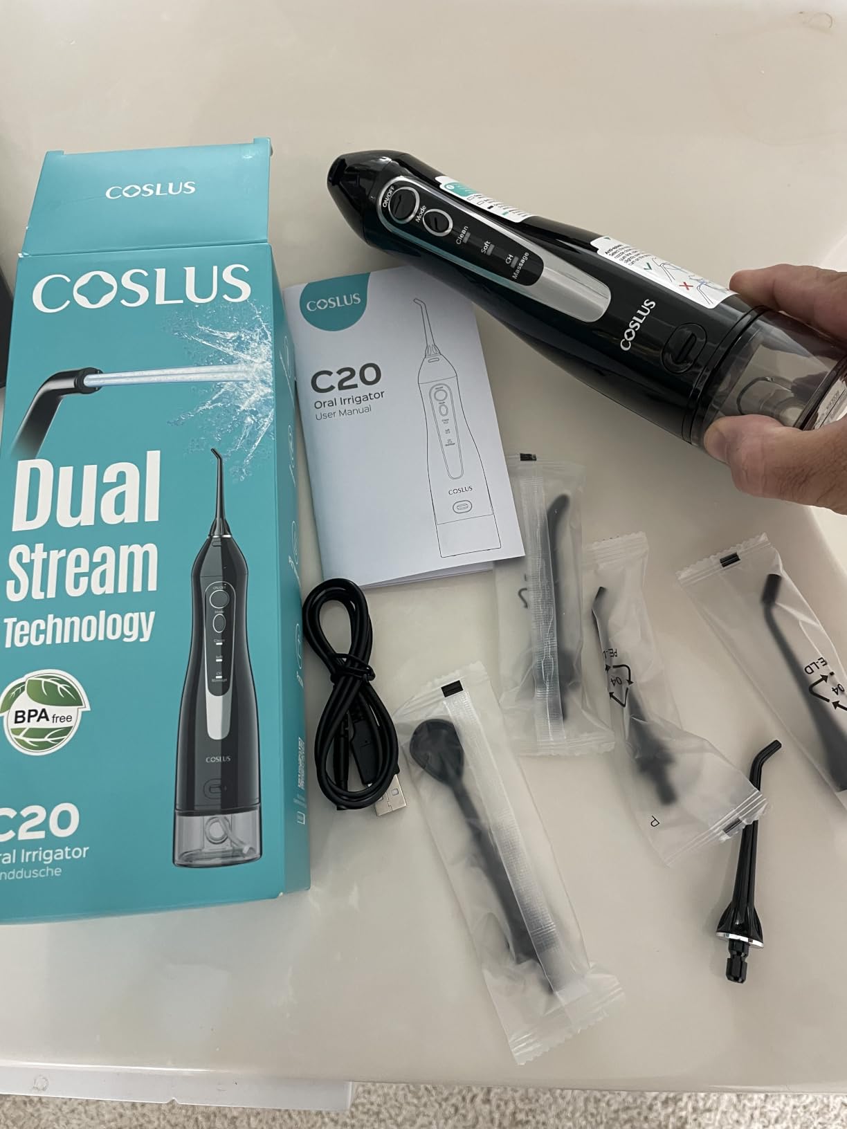 COSLUS ADA Accepted C20 Water Dental Flosser Teeth Pick, 300ML Larger Tank | Portable Rechargeable Oral Irrigator for Orthodontic & Sensitive Gums, Cordless for Travel, Family, Professional Set, Black customer photo 1