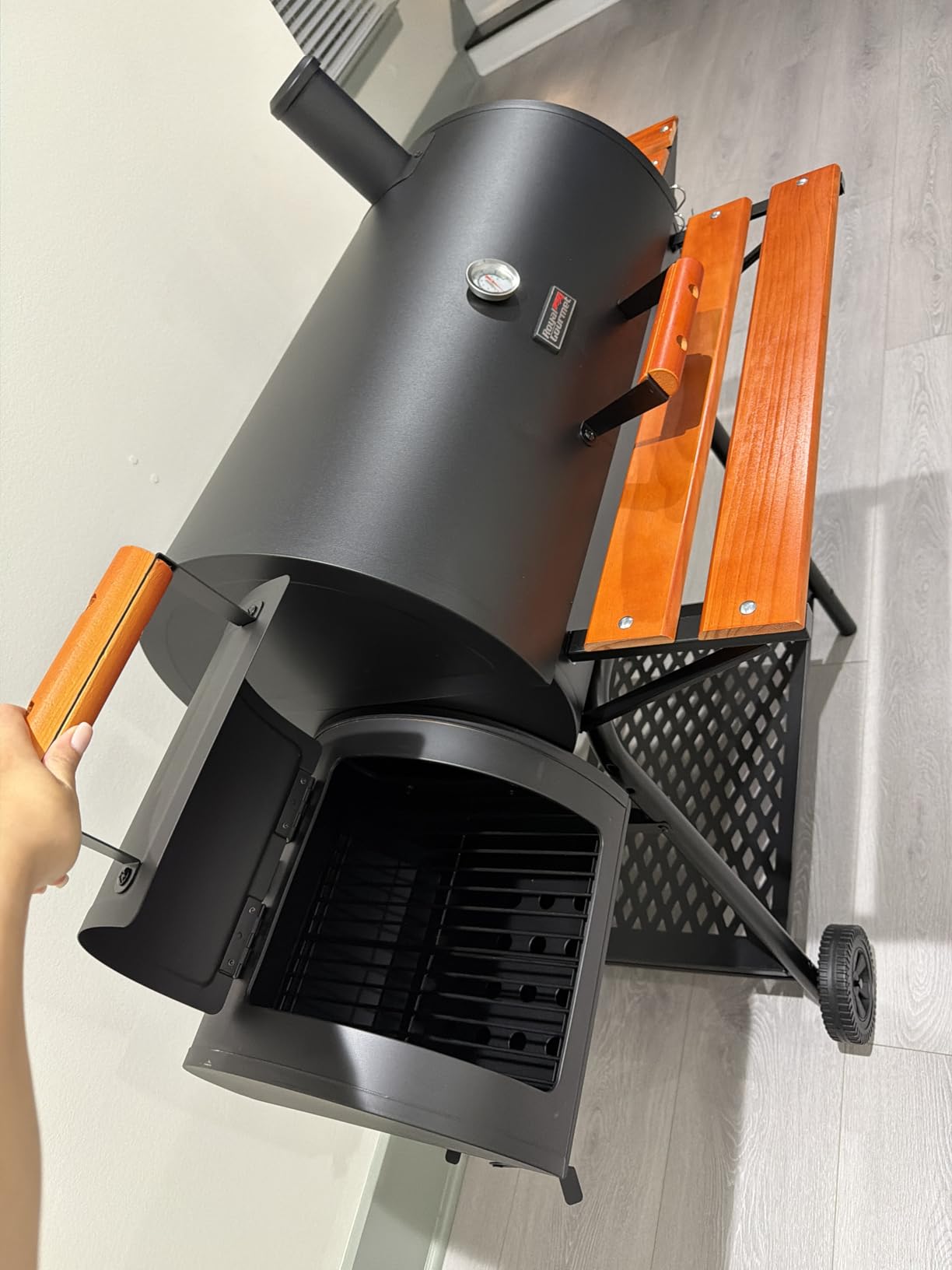 Royal Gourmet 30-Inch Charcoal Grill with Offset Smoker, Wood-Painted Table | CC1830W Outdoor Smoker Grill, 811 Sq. In., Front Table, Adjustable Fire Grates, for Outdoor Barbecue Event, Black customer photo 2