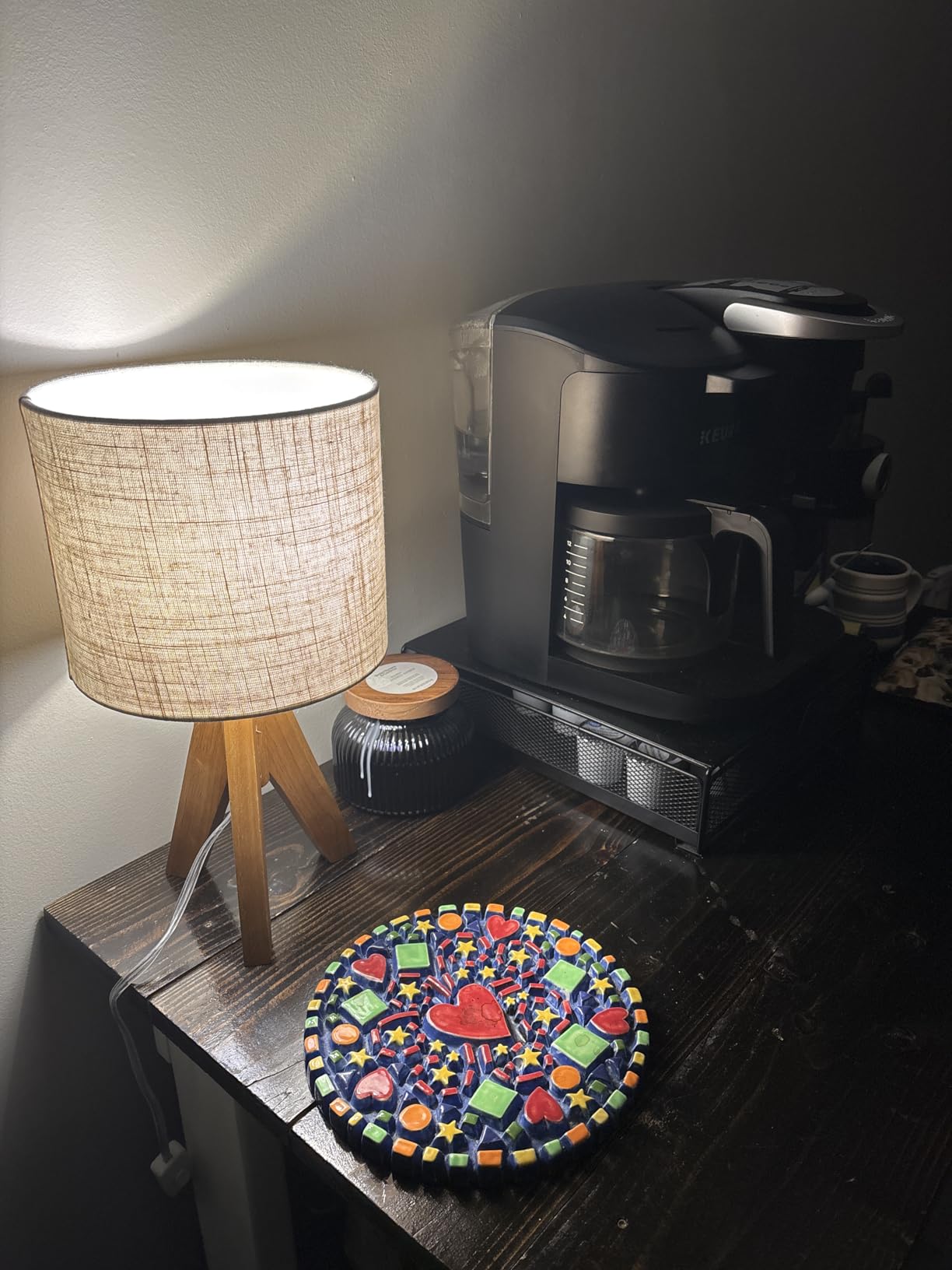 EDISHINE Tripod Table Lamp, Small Cute Bedside Lamp, 14.2 Inch, E26 Base | Light Brown Wooden Base, Linen Beige Lampshade customer photo 1