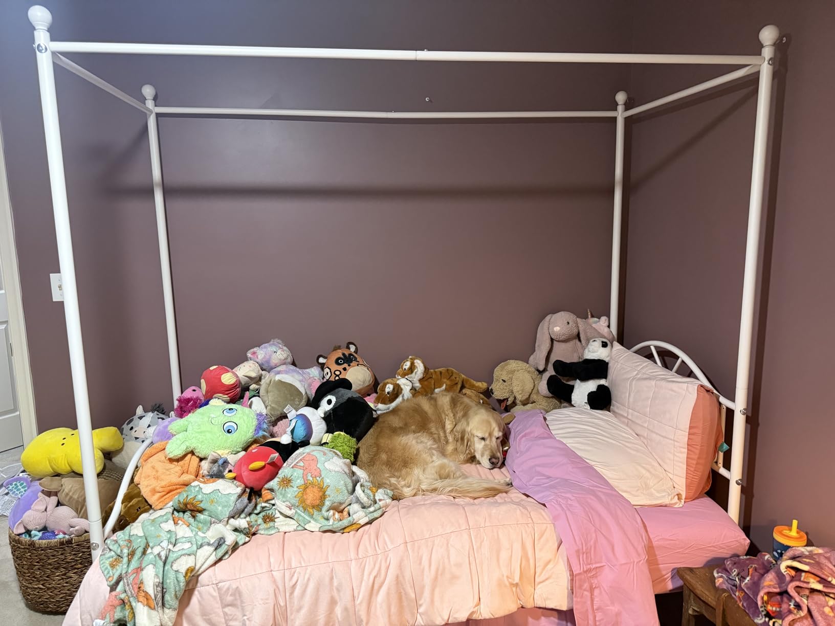 Twin Princess Canopy Bed Frame with 4 Posters, Twin Size Bed for Kids Girls | Sturdy Metal Platform Mattress Foundation with Headboard & Footboard, No Box Spring Needed, Underbed Storage Space, Pink customer photo 2