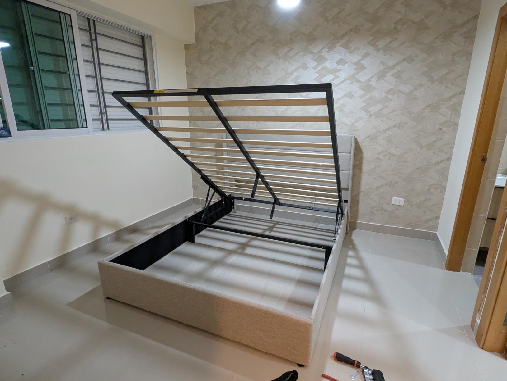 Allewie Queen Size Lift Up Hydraulic Storage Bed Frame Light Beige | Modern Wingback Headboard, Hydraulic Support Storage, No Box Spring Needed customer photo 2
