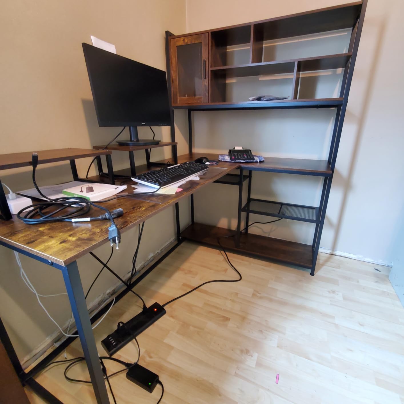 SEDETA L Shaped Computer Desk with Storage Shelves, Bookshelf, Rustic Brown | 58'' Reversible Office Desk with LED Light, Glass Door Cubby, L Shaped Corner Desk for Gaming, Two Monitors, Small Space customer photo 1
