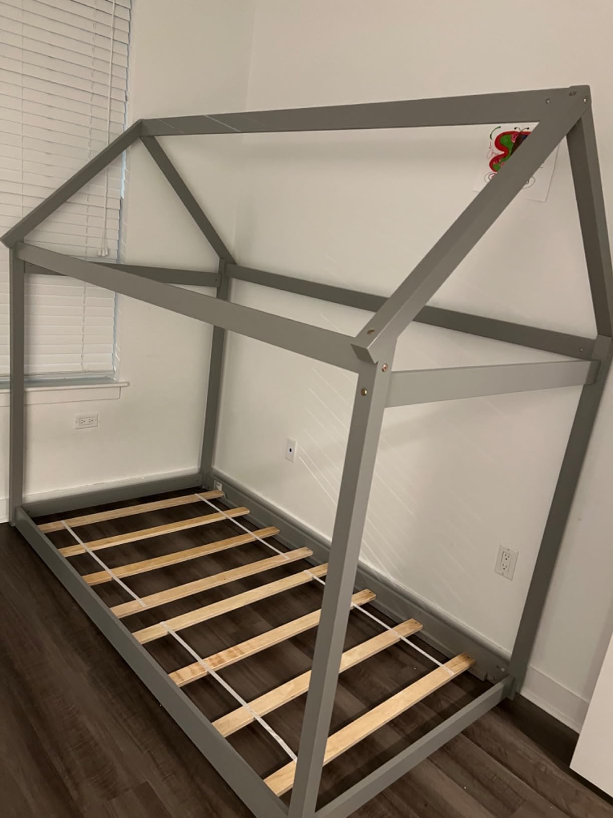 GIANTEX Twin House Bed, Wood Montessori Bed Frame with House Roof Canopy, Low Floor Bed with Sturdy Wood Slat Support, No Box Spring Needed, Twin Playhouse Bed for Kids Teens Boys Girls (Grey) customer photo 1