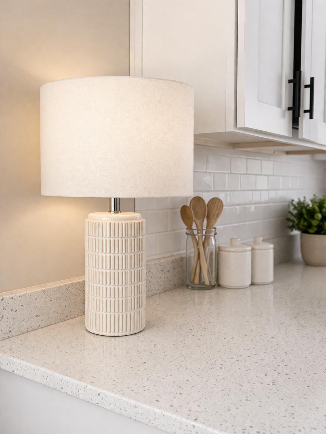 PoKat 23'' Bedside Table Lamp for Bedroom Nightstands, Modern Ceramic Decor | White Desk Lamp, Nickel Pole, House Warming & Birthday Gifts, for Women Mom, Ideal Table Light for End Table & Living Room customer photo 1