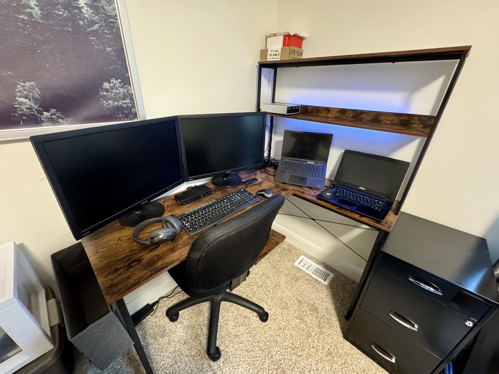 AODK L Shaped Desk Gaming Desk with LED Light & Power Outlet | 53 Inch Black Reversible L Shaped Computer Table with Shelf & Storage Bag & Hook for Home Office customer photo 1