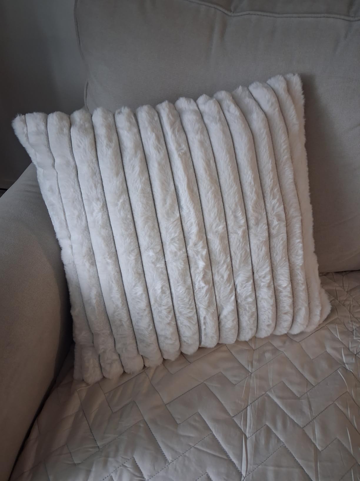 decorUhome Fall Faux Fur Throw Pillow Covers 18x18 Set of 2 Cream White | Decorative Soft Cozy Striped Plush Modern Farmhouse Boho Couch Pillow Cases Velvet Back for Sofa Bed Living Room Home Decor customer photo 2