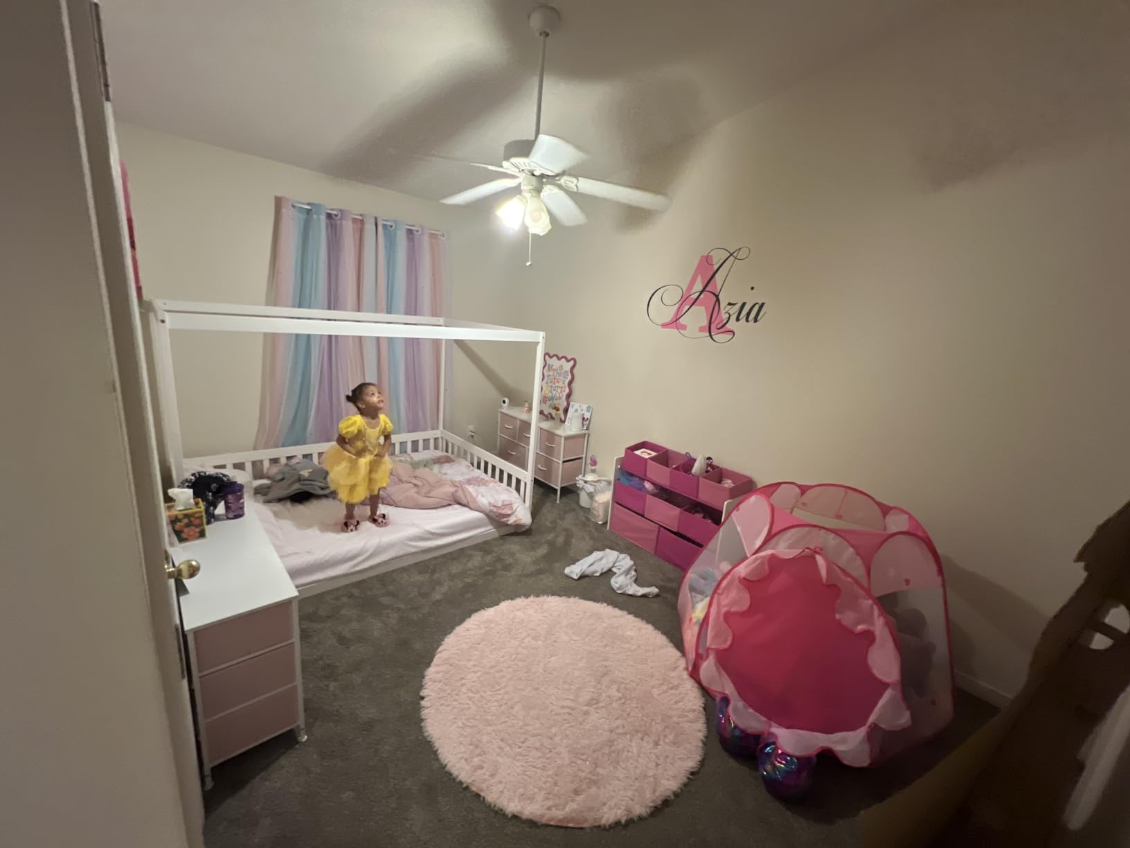 Full Size Canopy Bed Frame with Guardrails for Kids,Floor Bed Full with Four Poster Design,Kids Montessori Floor Bed,Wood Canopy Bed Frame for Girls,Boys(Full,White) customer photo 1