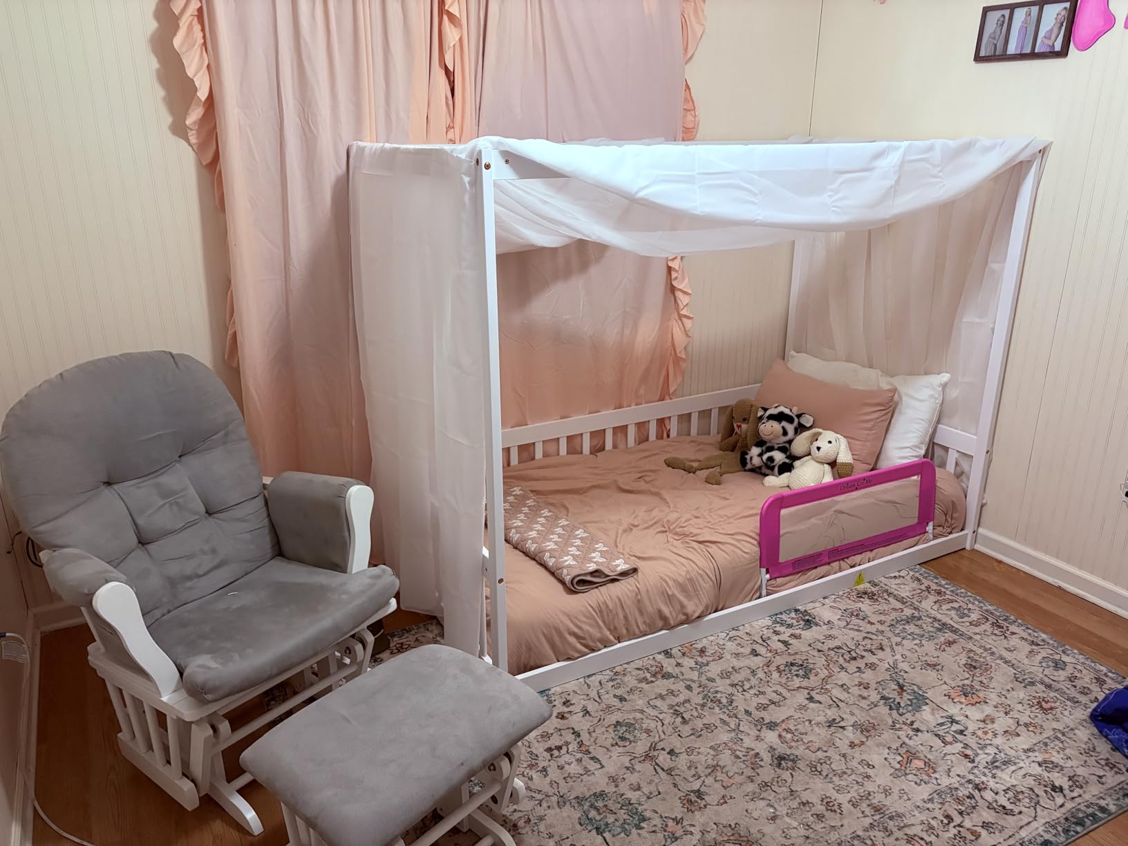 Full Size Canopy Bed Frame with Guardrails for Kids,Floor Bed Full with Four Poster Design,Kids Montessori Floor Bed,Wood Canopy Bed Frame for Girls,Boys(Full,White) customer photo 2