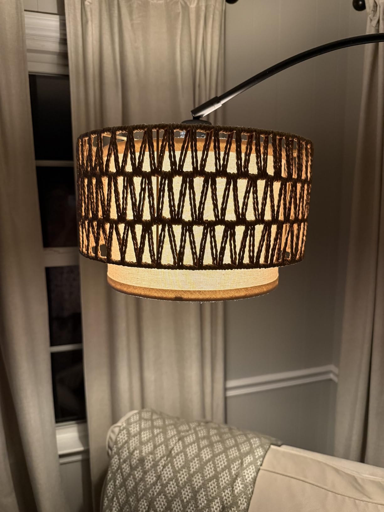 Rattan Floor Lamp, Arc Floor Lamps for Living Room, Farmhouse Standing Lamp with Adjustable Hanging Fabric Shade, Tall Pole Lamp with Foot Switch, Over Couch Arched Reading Light for Bedroom, Office customer photo 1