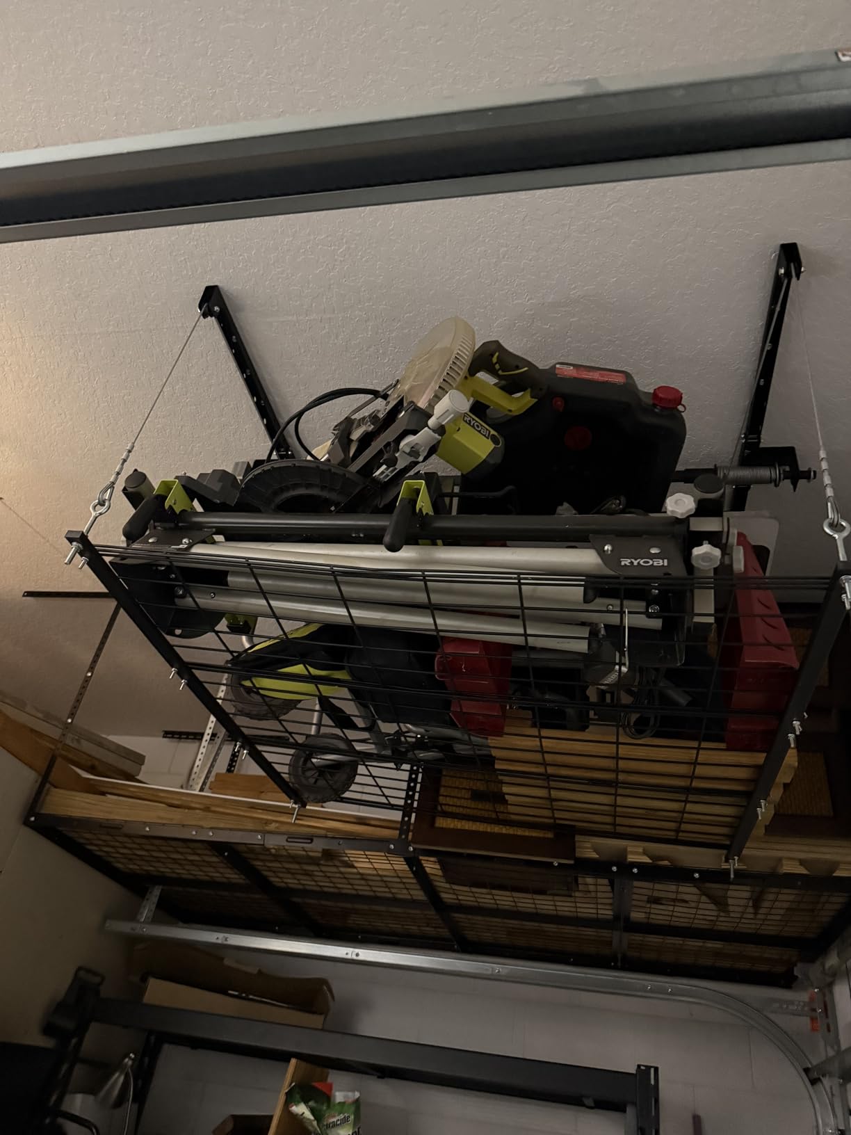 Overhead Garage Storage Rack for 8-10 FT Ceiling, Heavy-duty 4x4 FT Ceiling Storage Racks with Safety Lock, Ideal for Garage Storage Mounted Lift System and Storage Organizer, 250lb Capacity customer photo 1
