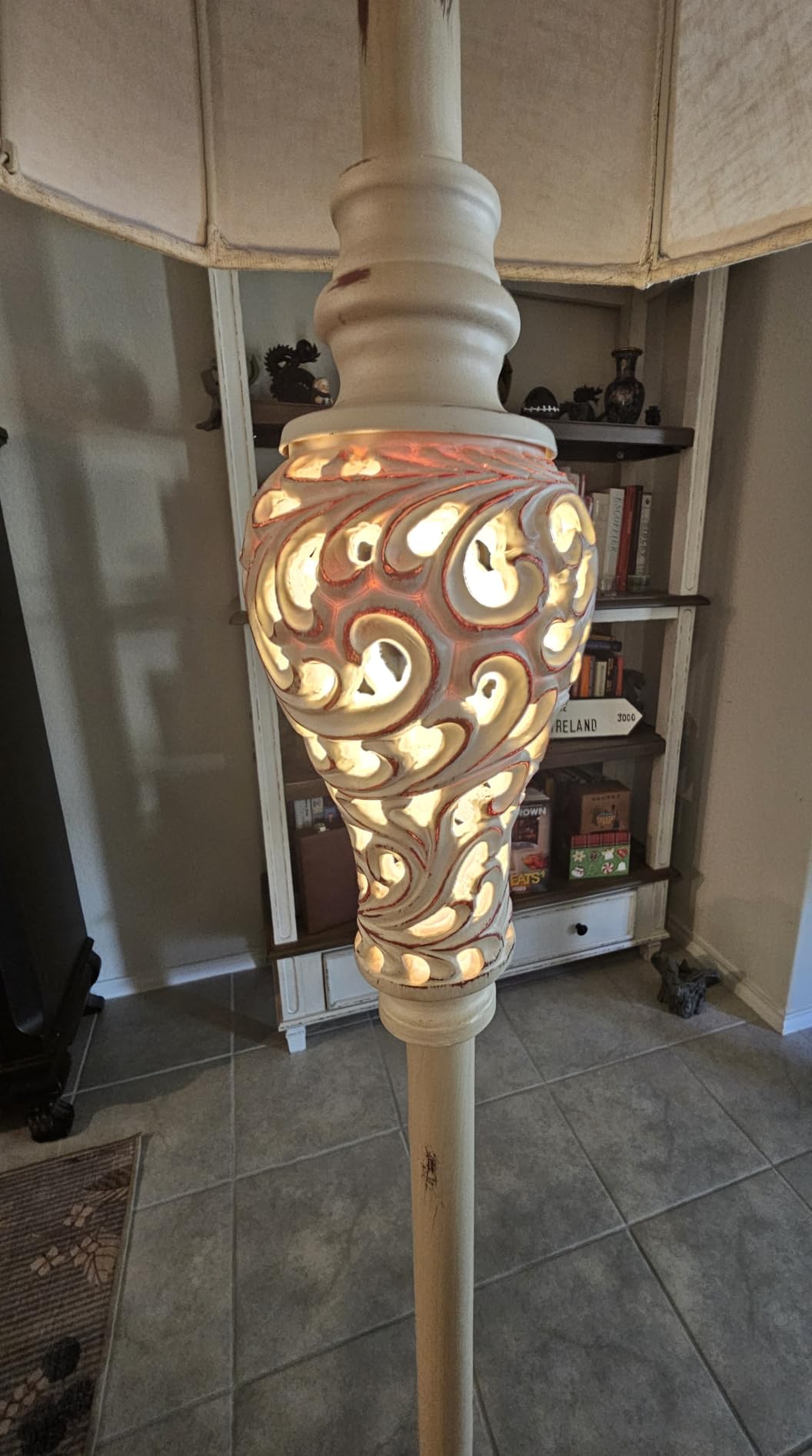Rustic Floor Lamp with Nightlight for Living Room, Vintage Standing Lamp | Hollow Carving Design, Cut Corner Linen Shade, Washed White, 65