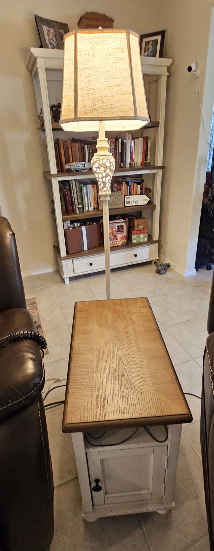 Rustic Floor Lamp with Nightlight for Living Room, Vintage Standing Lamp | Hollow Carving Design, Cut Corner Linen Shade, Washed White, 65