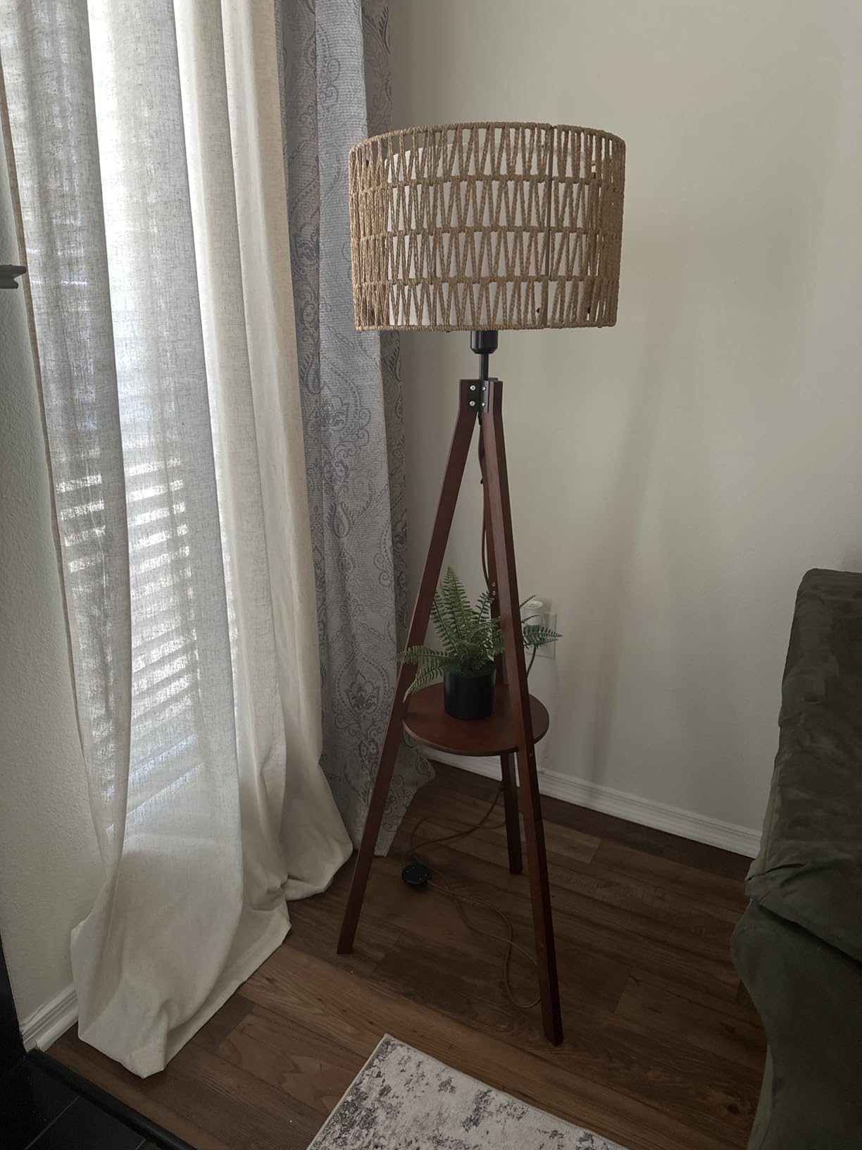 LAMSU Boho Tripod Floor Lamps for Living Room, Rattan Wood Floor Lamp with Fabric Shades, Mid Century Standing Lamp with Shelf, Foot Switch, Modern Farmhouse Tall Lamps for Bedroom Office Brown customer photo 1