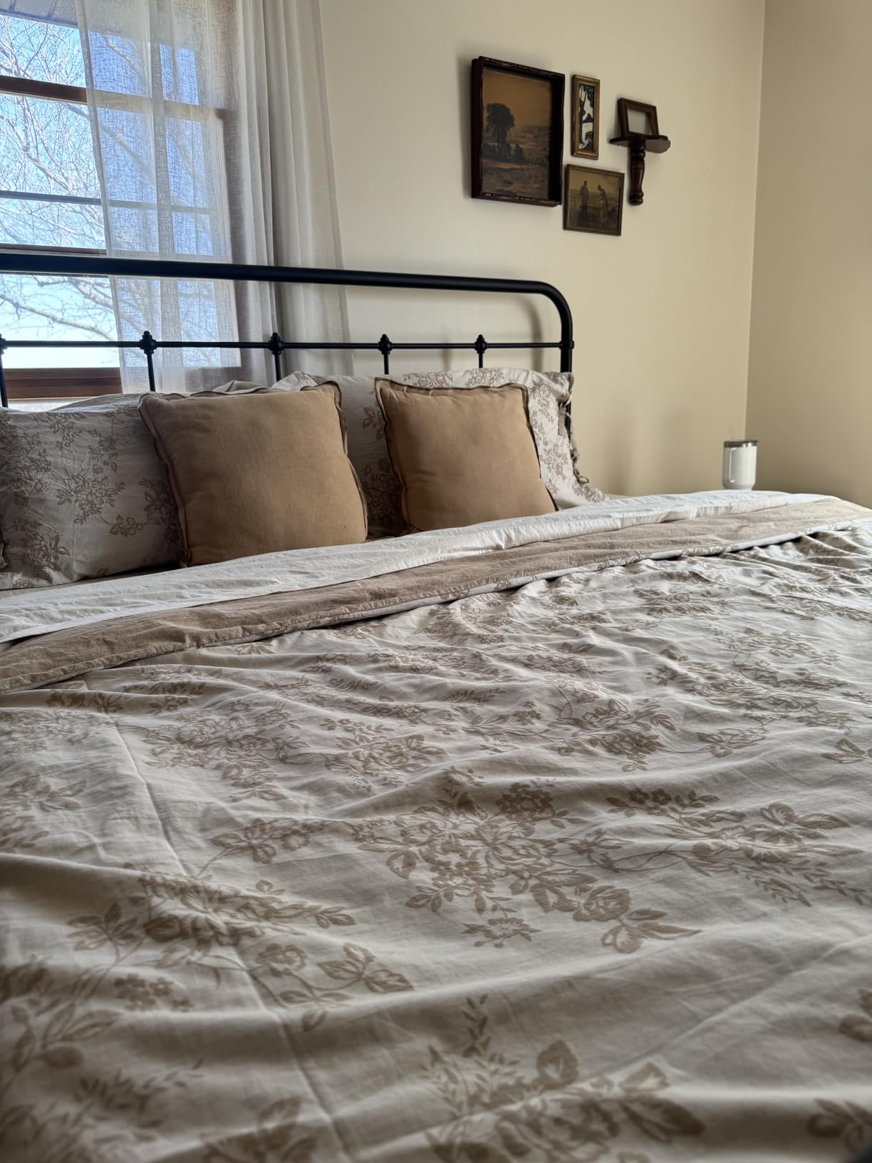 VM VOUGEMARKET Linen Cotton Duvet Cover Set King Retro Monet Flower Bedding Set, Jacquard Yarn-Dyed Textured Comforter Cover with Bowknot-104x90, Khaki customer photo 2
