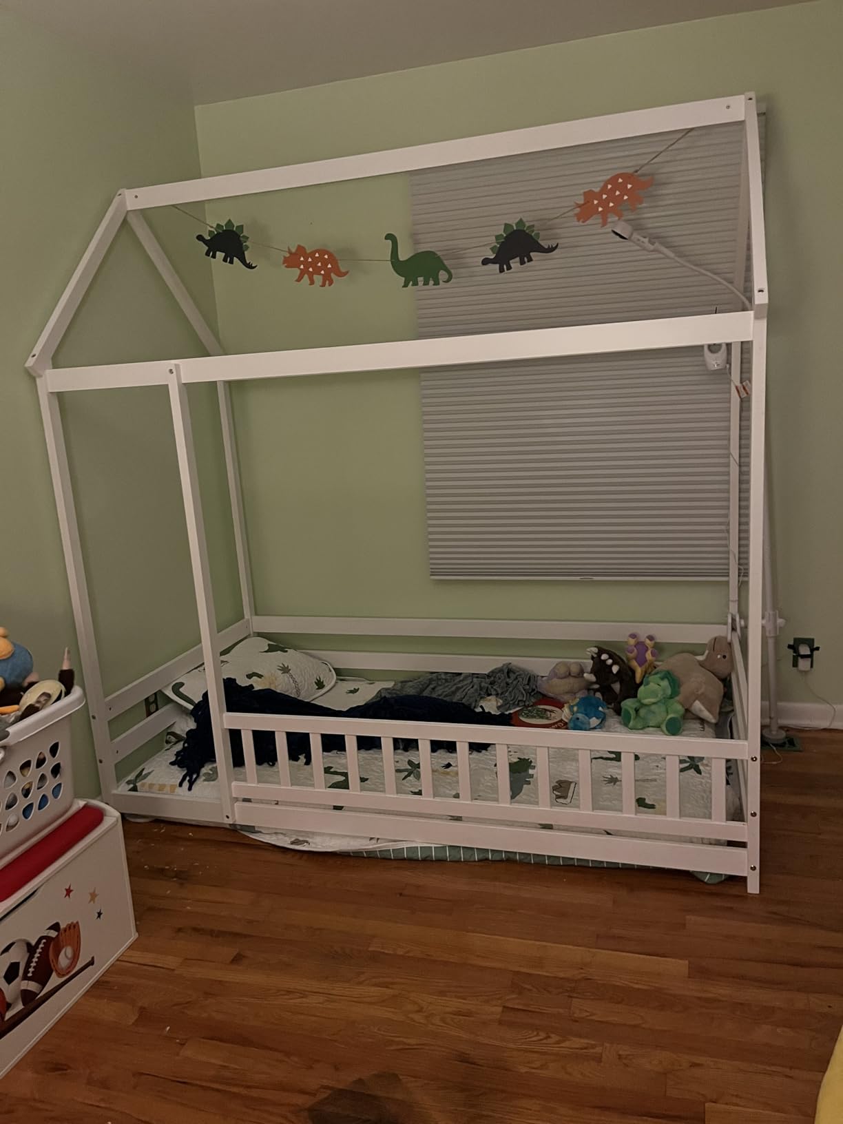 KOMFOTT Twin Size Floor House Bed, Wooden Montessori Bed with Roof & Full-Length Safety Guardrail, Floor Playhouse Bed Frame for Kids, Girls, Boys (Grey) customer photo 2