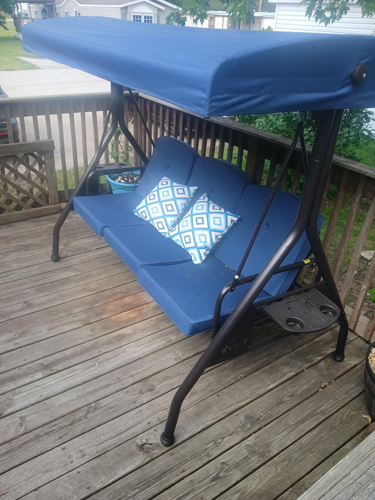 ZZW 3 Seat Outdoor Porch Patio Swing with Stand 800lbs 2-in-1 Convertible Swing Bed with Adjustable Canopy & Removable Cushion for Yard Garden Deck (Blue, Square Tube) customer photo 1
