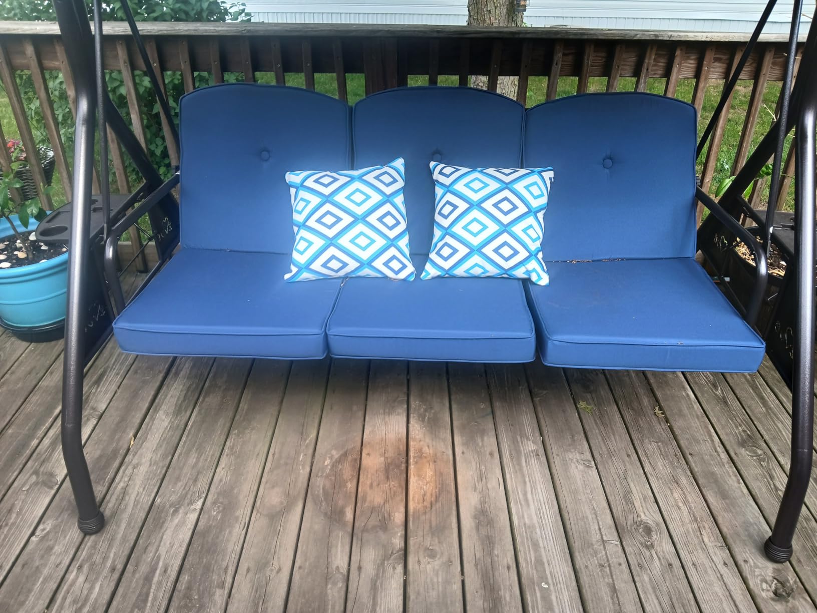 ZZW 3 Seat Outdoor Porch Patio Swing with Stand 800lbs 2-in-1 Convertible Swing Bed with Adjustable Canopy & Removable Cushion for Yard Garden Deck (Blue, Square Tube) customer photo 2