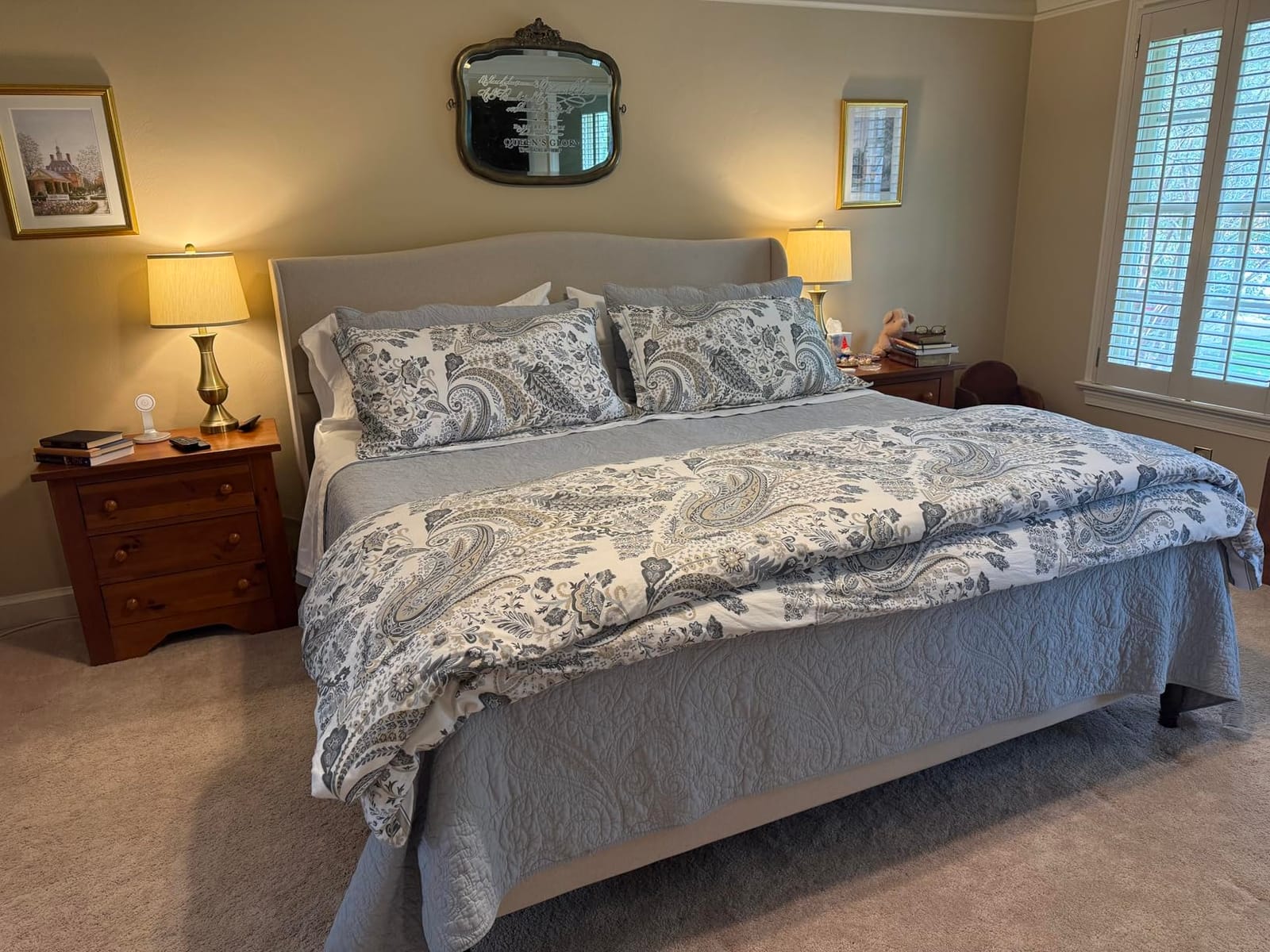 LEMIROE Vintage 100% Cotton Duvet Cover Queen Size 3PC - Elegant Pale Slate Blue Floral Pattern on White with Light Blue & White Striped Reverse, Luxurious Bedding Set with Button Closure (90