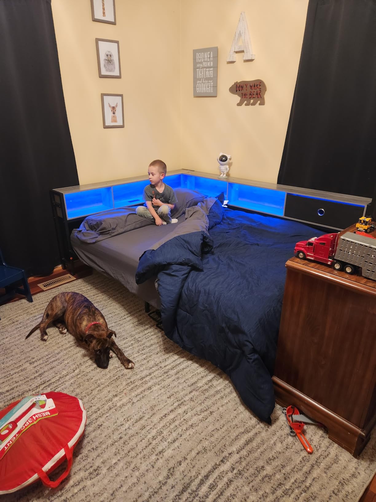 Hasuit Twin Corner Bed Frame with Storage Drawers and Bookcase Headboard, Twin Size Metal Platform Corner Bed Frame with Charging Station and LED Lights, Twin Daybed for Kids Teens Guests, Black customer photo 1