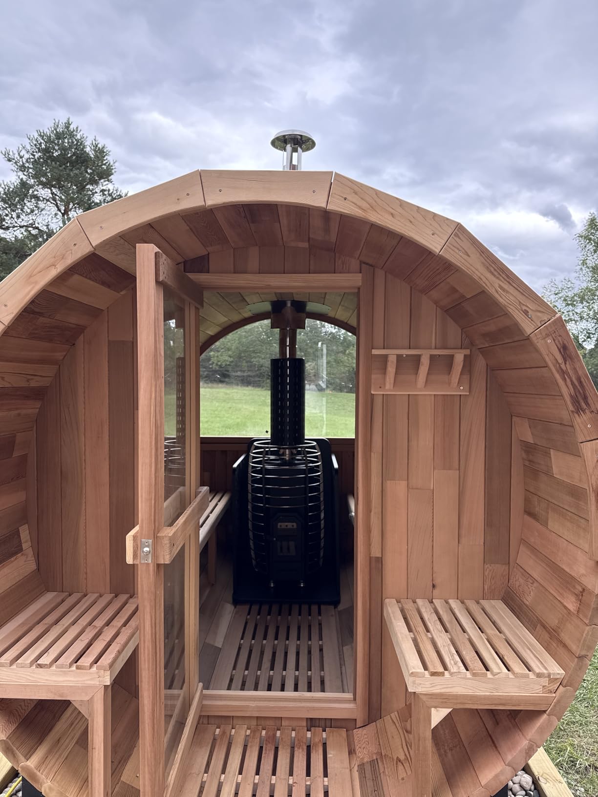 Wood Burning Sauna 4 Person, Outdoor Canadian Red Cedar Barrel Sauna with Porch, Back Half Glass Window, Triple Waterproofing System, with Volcanic Rocks, Wooden Bucket and Spoon customer photo 1