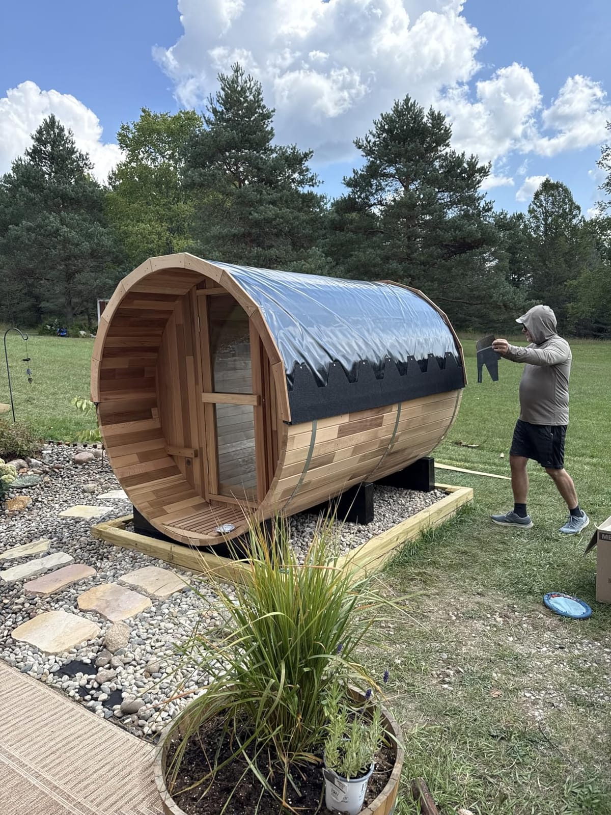 Wood Burning Sauna 4 Person, Outdoor Canadian Red Cedar Barrel Sauna with Porch, Back Half Glass Window, Triple Waterproofing System, with Volcanic Rocks, Wooden Bucket and Spoon customer photo 2