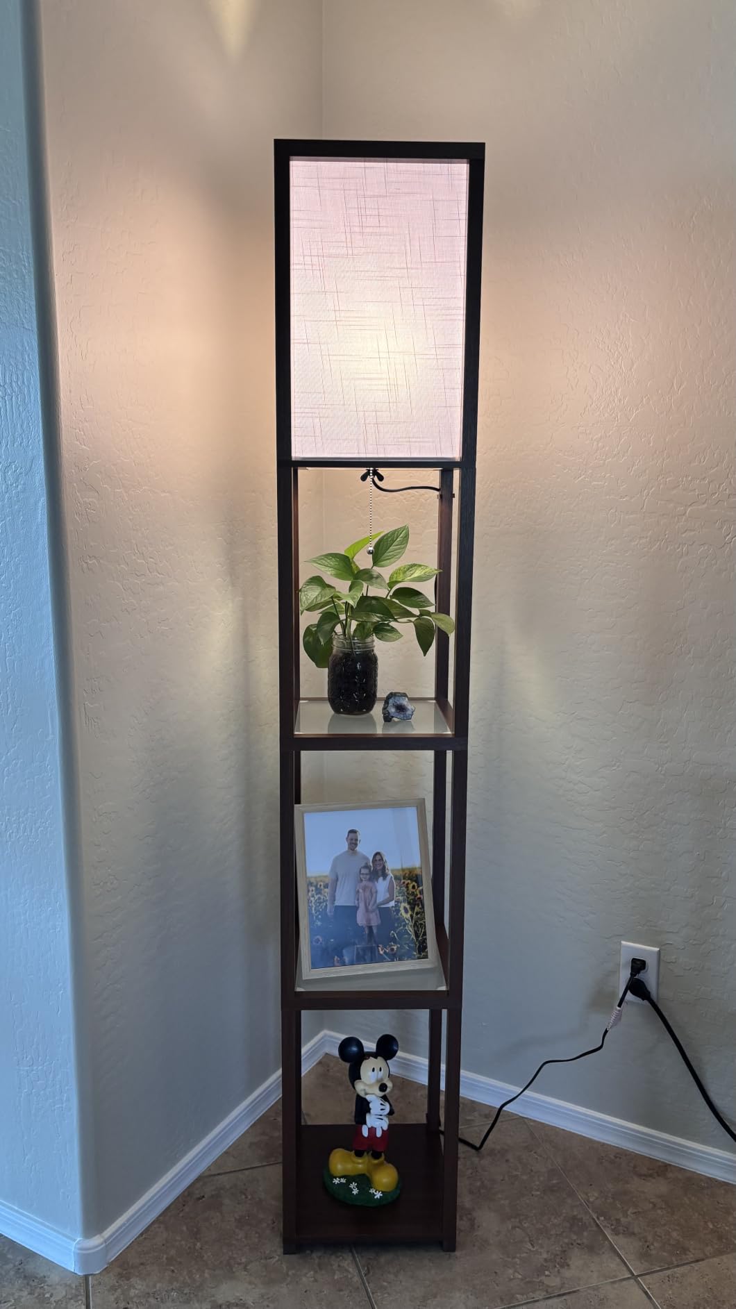 Floor Lamp with Shelves, Modern Square Standing Lamp with Glass Shelves, Corner Display Shelf with Light, Tall Lamp with Shelves for Living Room, Bedroom, Office, Bookshelf, Black customer photo 1