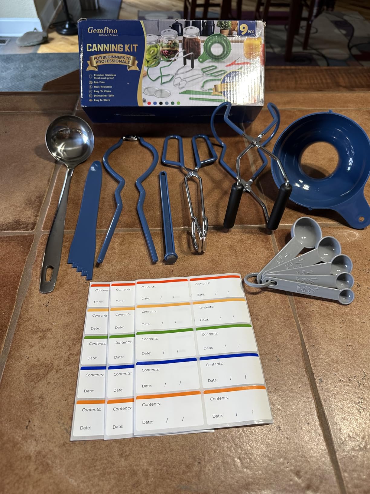Canning Supplies Starter Kit,Canning Kit for Beginners of 9 with Jar Lifter,Wide Mouth Funnel,Wrench,Tongs,Lid Lifter,Bubble Popper,Canning Labels,ladle,Measuring spoon-Blue customer photo 1