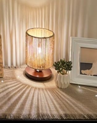 Small Rattan Table Lamp for Bedroom, Boho Bedside Lamp with Warm LED Bulb, Handwoven Wicker Nightstand Lamp for Nursery, Entryway & Dorm, Mini Ambient Night Light with Wood Base (8.6