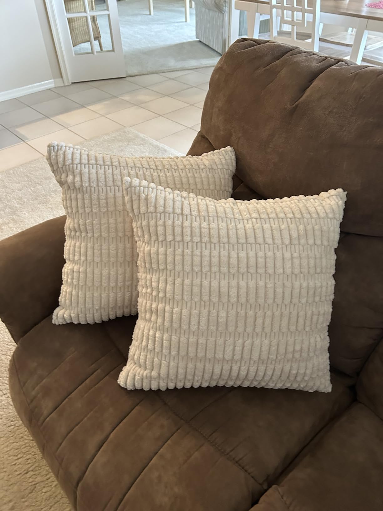 2 Pack Corduroy Decorative Throw Pillow with Inserts, 18x18 Inch Soft Boho Throw Pillow, Square Striped Throw Pillows for Couch, Bed, Sofa Decor(Beige) customer photo 2