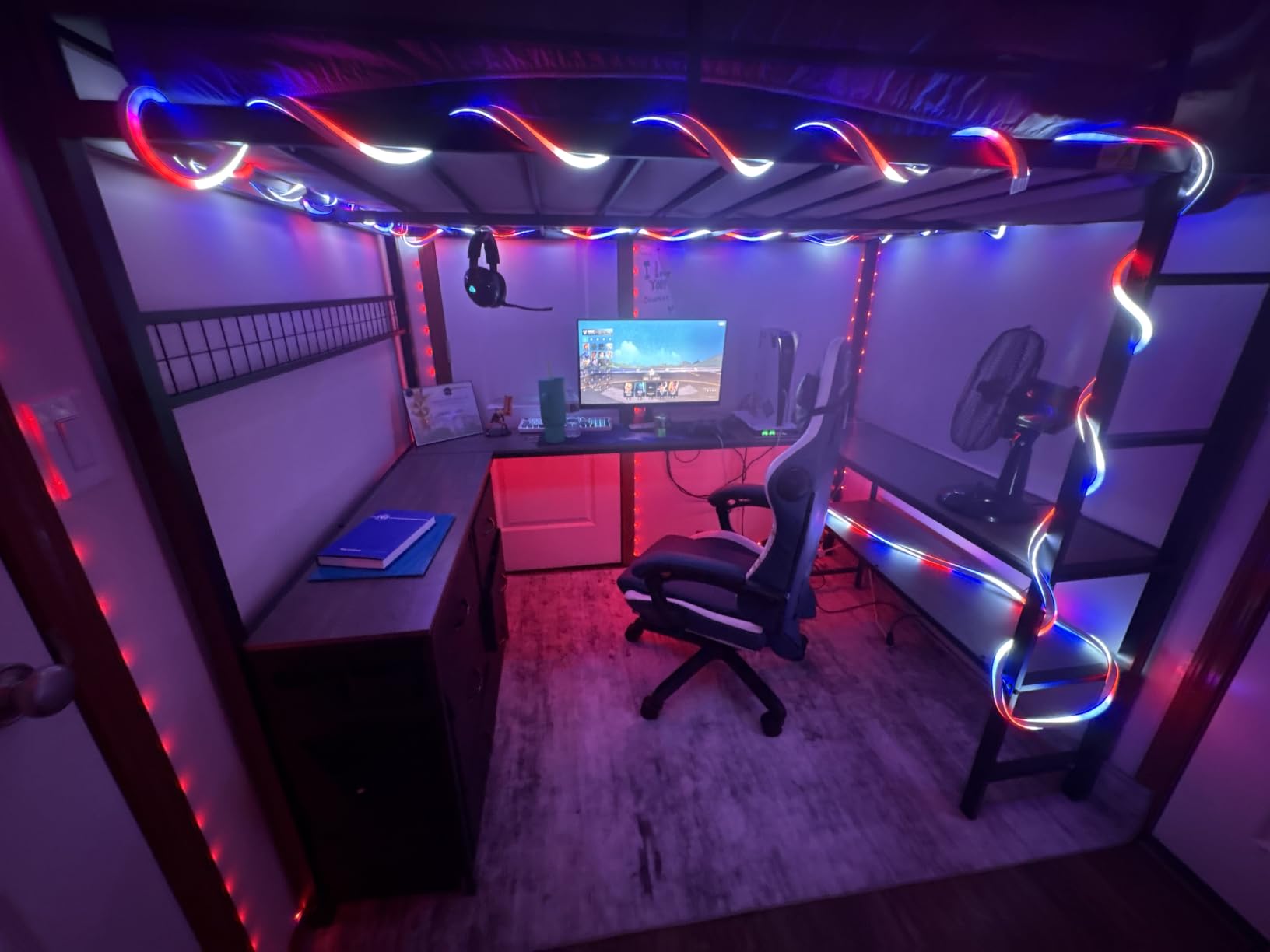 ADORNEVE Loft Bed Full Size with U-Shaped Desk, 6 Storage Drawers,White | Metal Loft Bed with Power Outlet, LED Light, 2 Storage Shelves, Safety Guardrail & Ladders, No Box Spring Needed customer photo 2